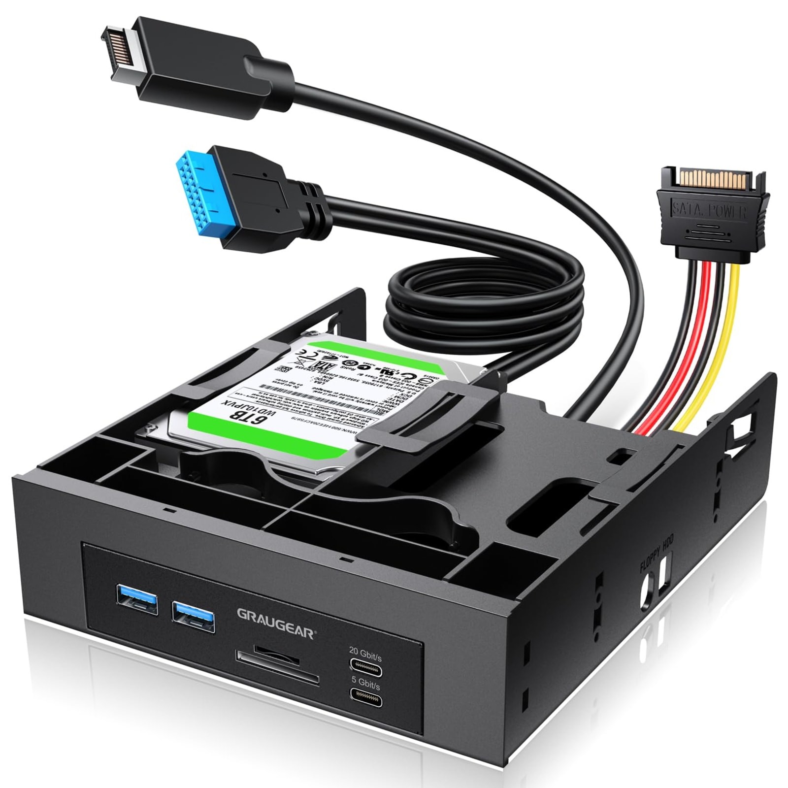 GRAUGEAR 5.25" PC Front Panel 20Gbps USB-C Hub SD microSD Reader Dual 2.5" SATA