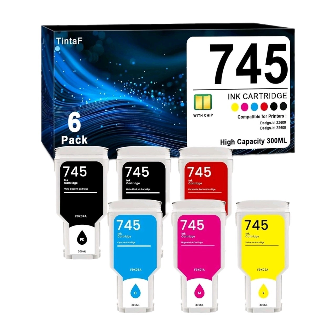 745 Ink Cartridge WITH CHIP 300ml Set 6-Pack Replacement for Z2600/Z5600 HP 745