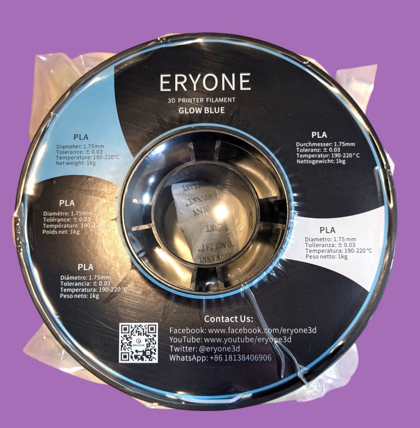 Eryone Glow Blue Pla 3D Printer Filament 1.75mm Diameter