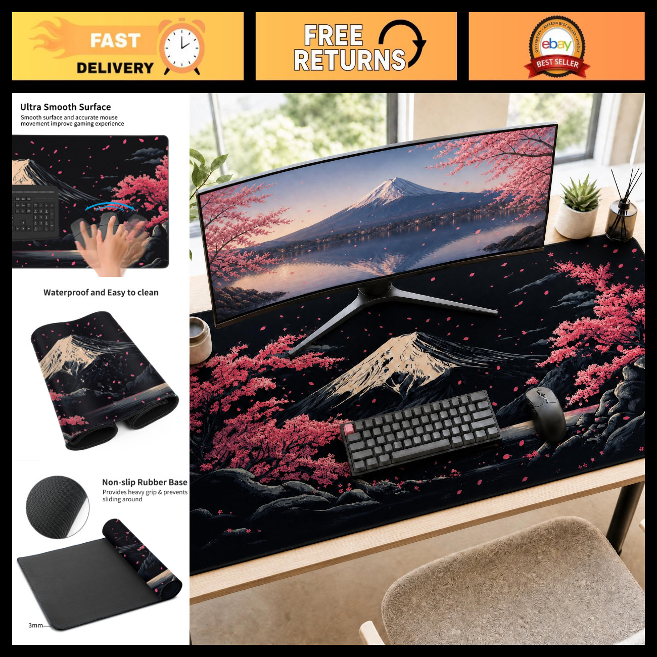 Cherry Blossom Watercolor XXL Gaming Mouse Pad 48x24 - Stitched Desk Mat, Large