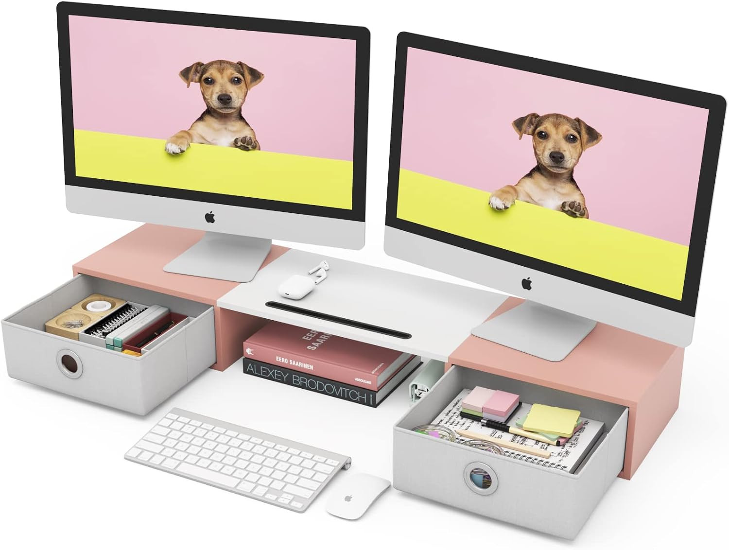 WESTREE Dual Monitor Stand Riser with Two Drawers, Extra Large Storage Monitor S