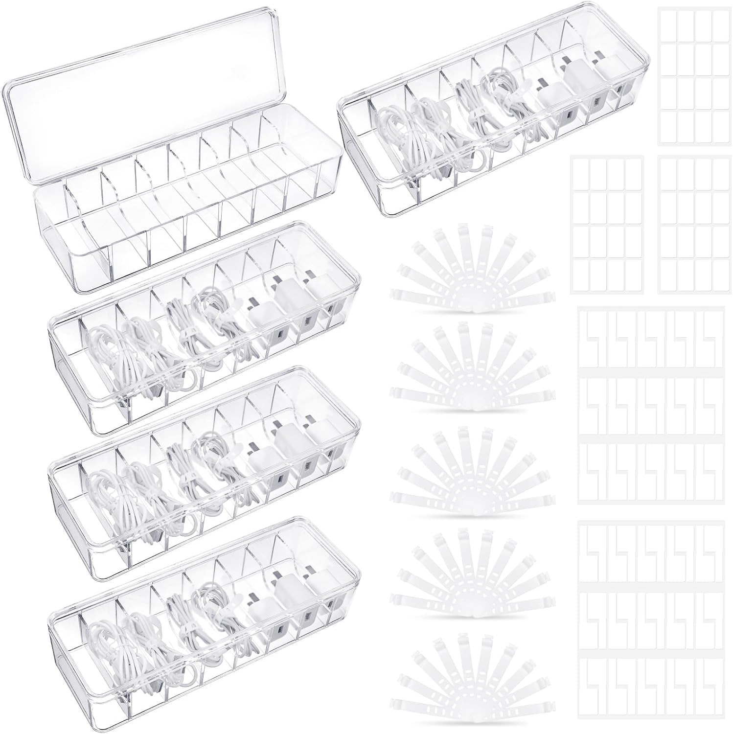 5 Pack Clear Cable Organizer Box with Lid 50 Cable Ties 108 Labels Desk Storage