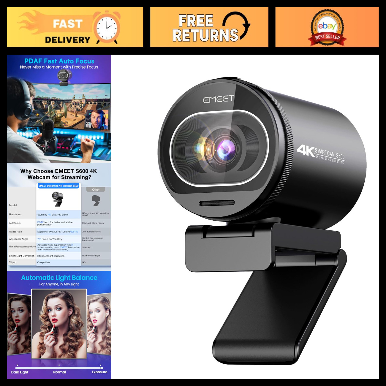 4K Streaming Webcam with Sony Sensor, PDAF Autofocus, HD Video Quality