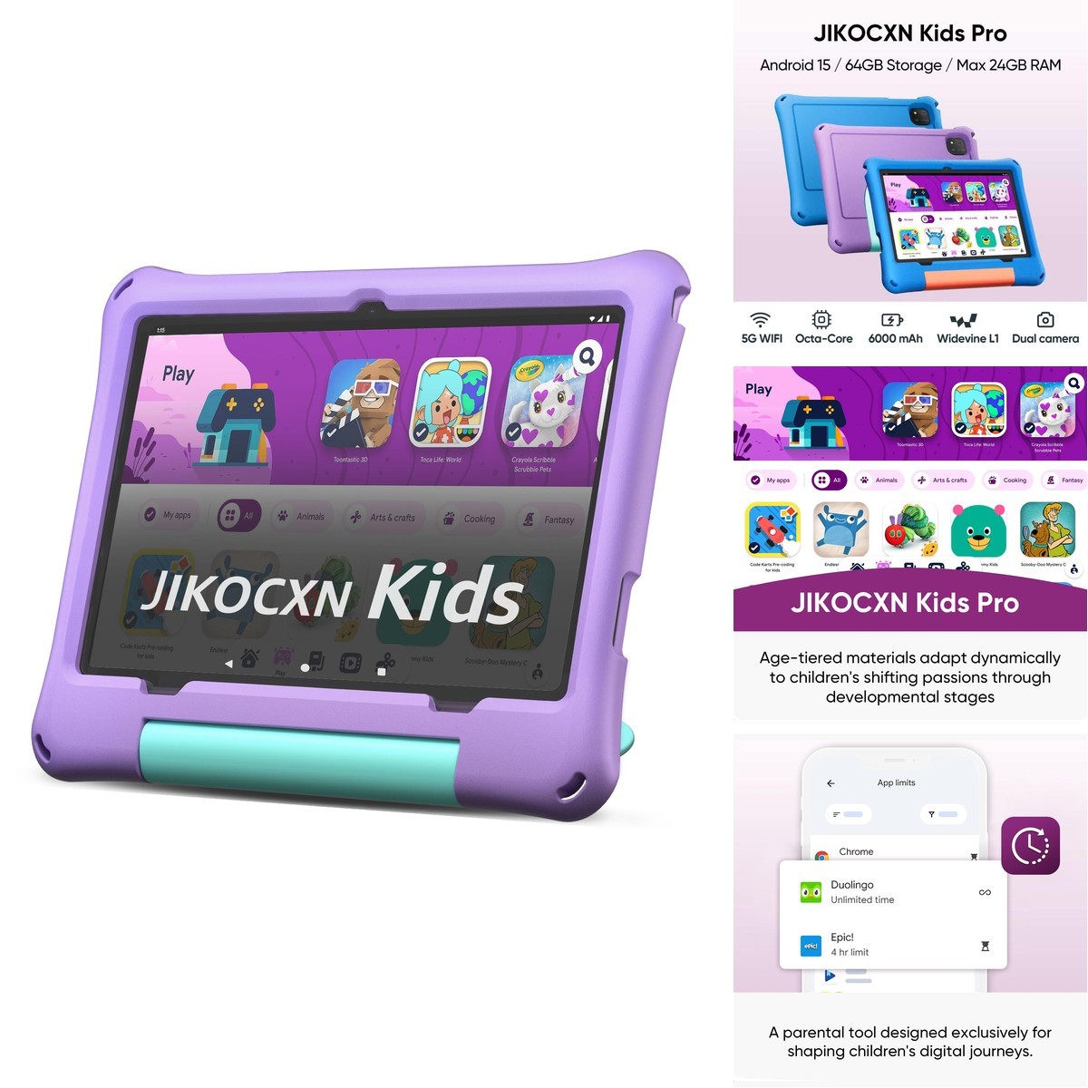 JIKOCXN Kids Tablet 10 inch 24GB RAM 64GB ROM 1TB TF Expandable (Purple)