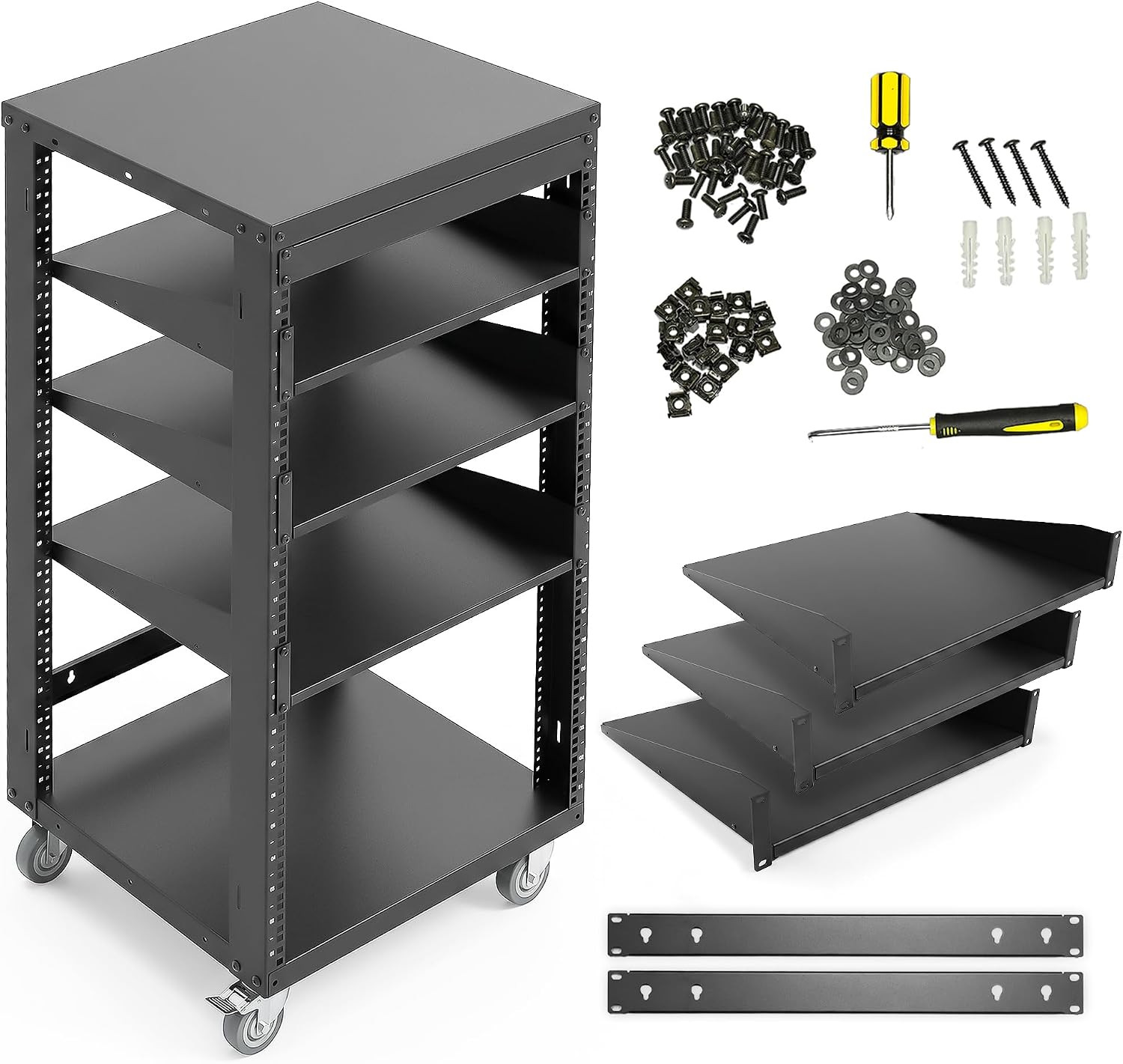 Axcessables 22U Open Frame Network & AV Rack with Caster Wheels, Three 2U Shelve