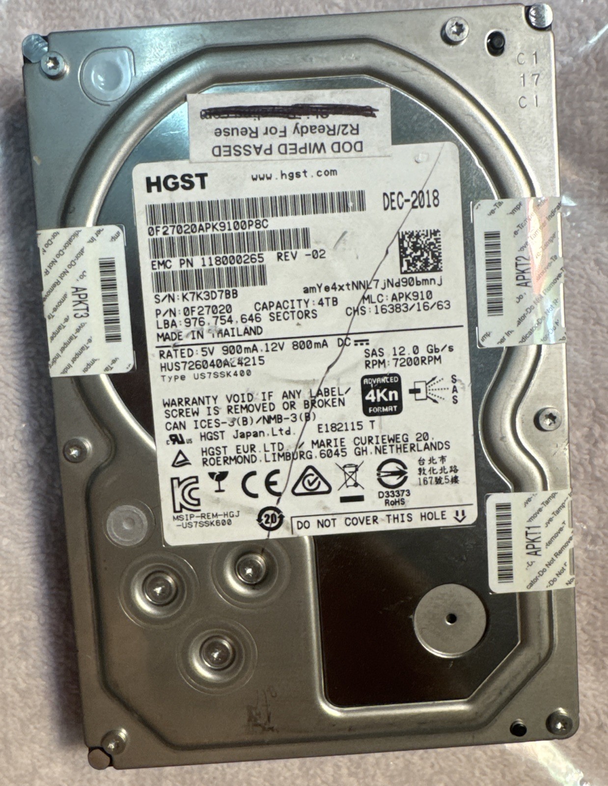 HGST Ultrastar 7K6000 HUS726040AL4215 0F22824 4TB 7.2K RPM SAS 12Gb/s 4Kn 128MB