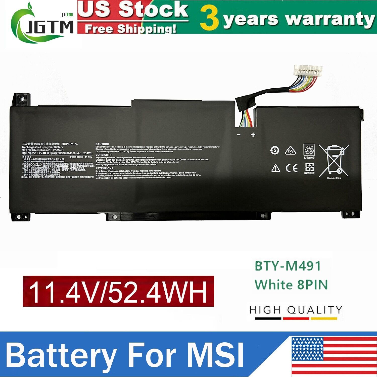 BTY-M491 Battery For MSI Modern 15 A10M A11M Summit B15 A11M US White Connector