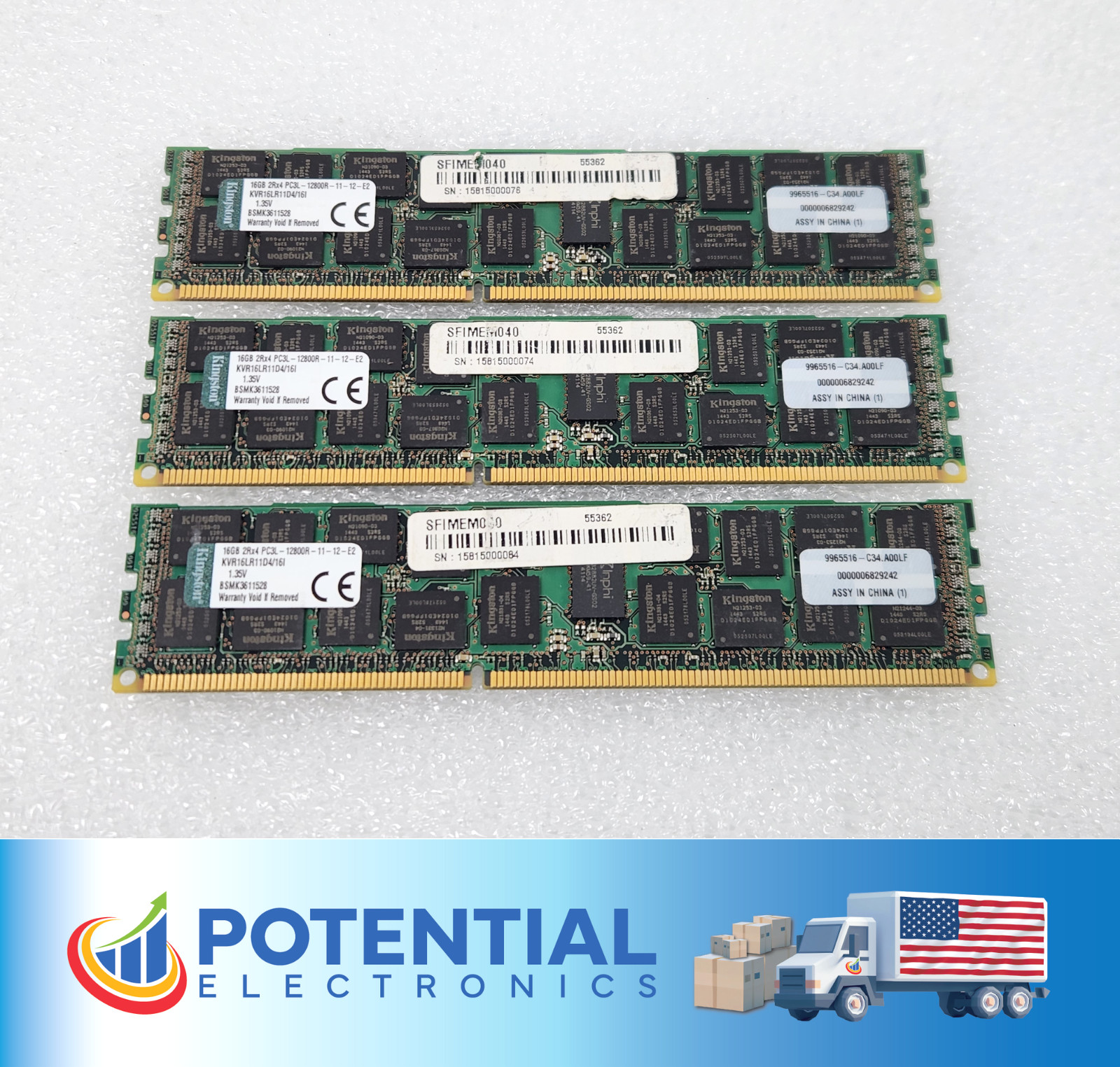 LOT OF 3 Kingston KVR16LR11D4/16I 48GB (3x16GB) 2Rx4 PC3L-12800R Server Memory