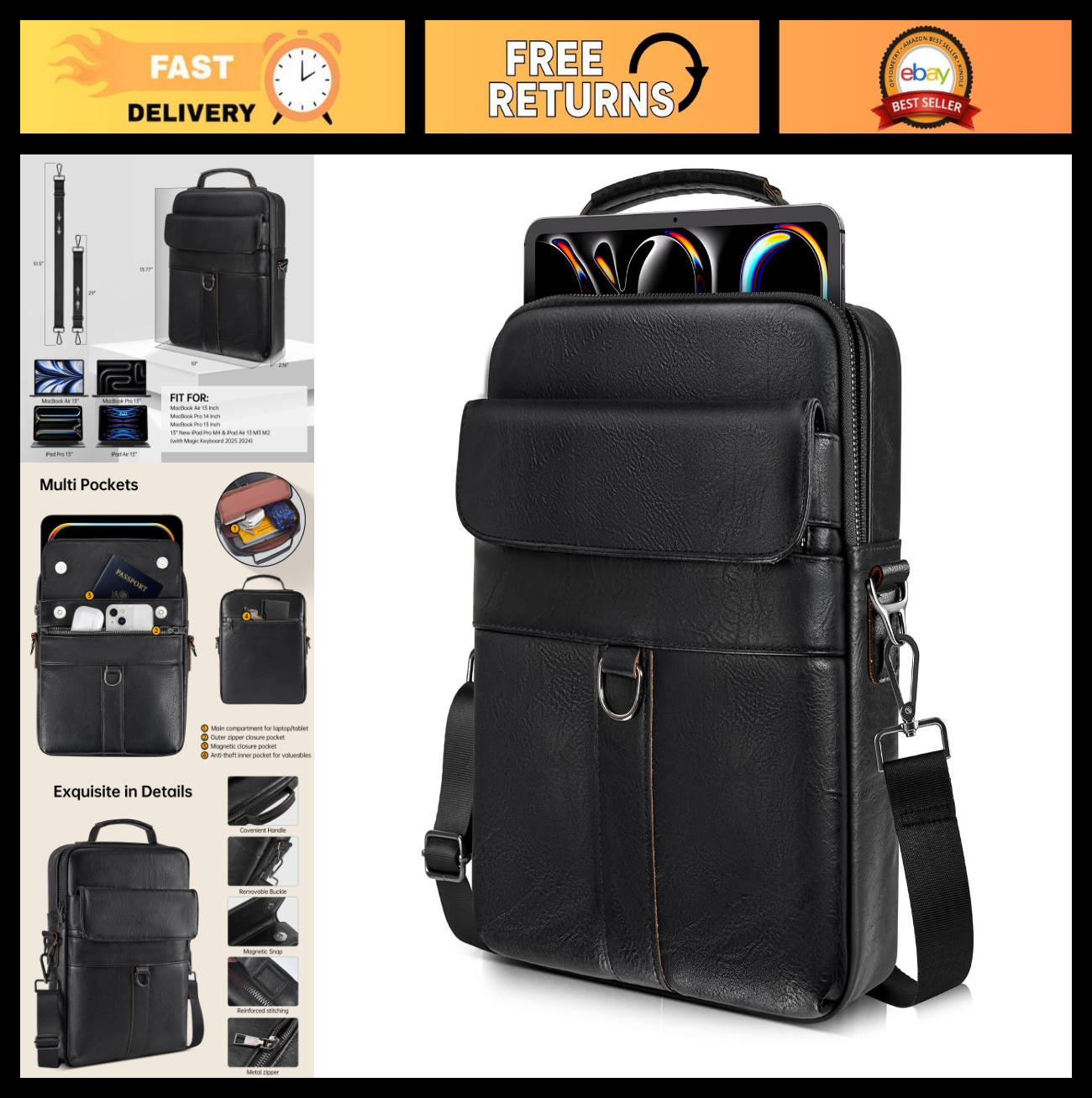 13" Leather Laptop Shoulder Bag Case for MacBook Air & Pro, Stylish & Durable
