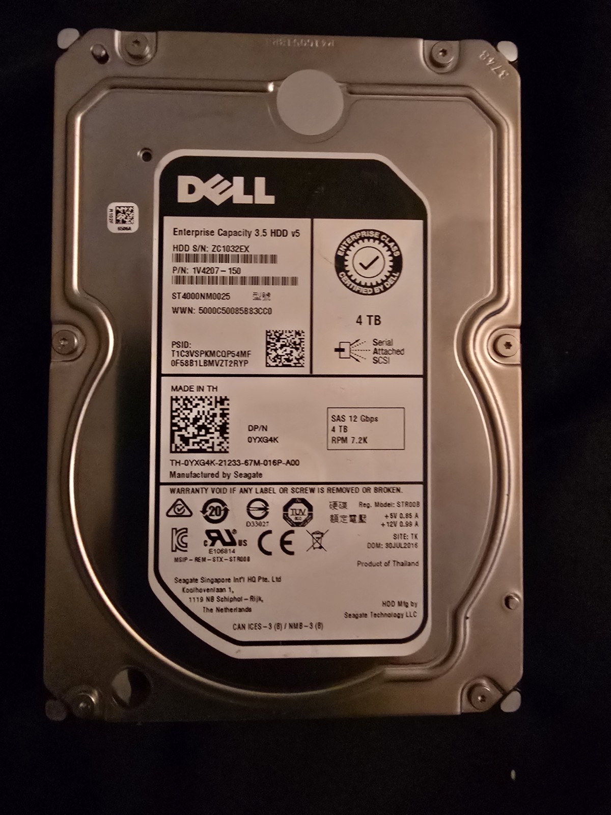 Dell Enterprise 4TB 7.2K 12G 3.5" SAS Hard Drive ST4000NM0025 0YXG4K YXG4K HDD