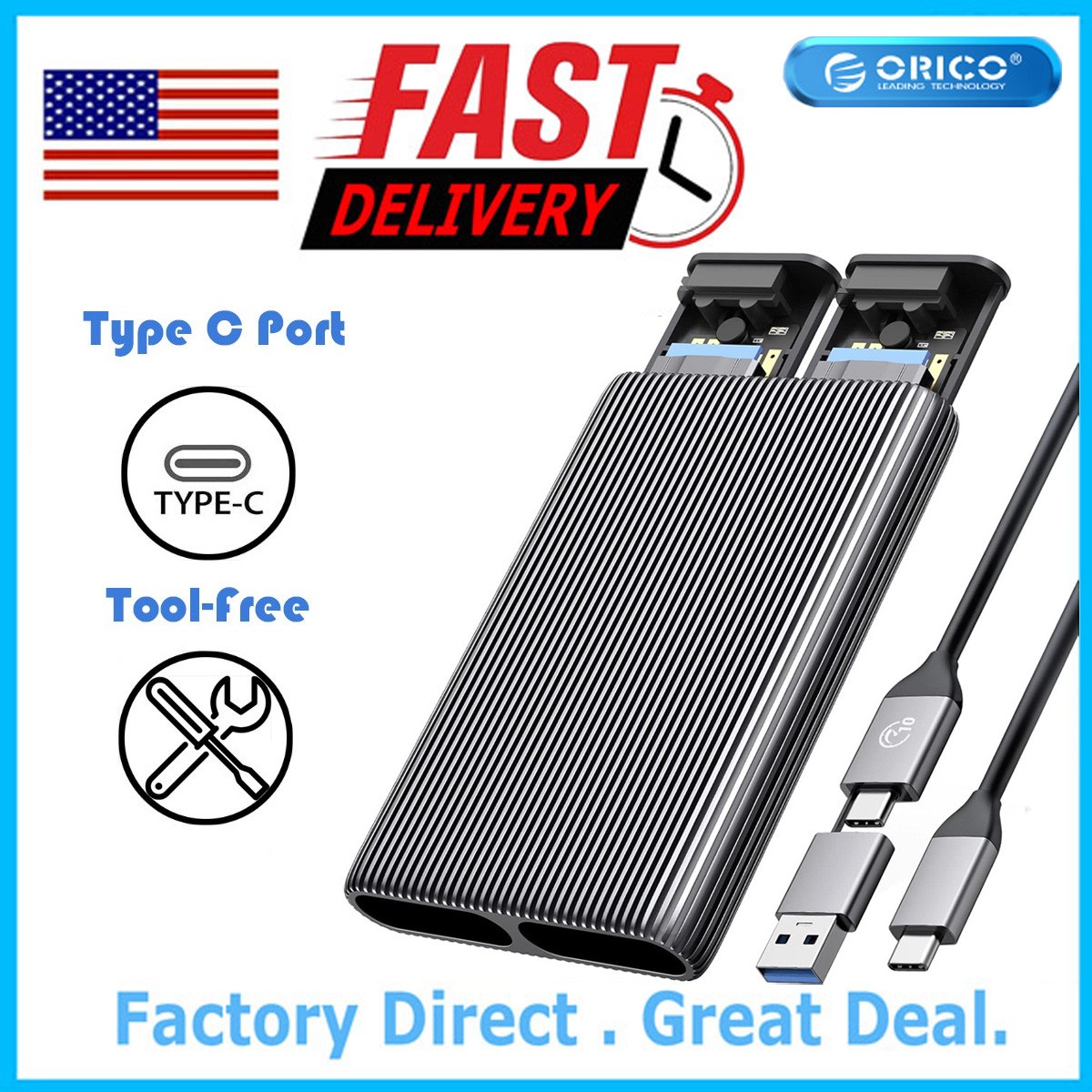 ORICO Dual Bay M.2 NVMe with SATA SSD Enclosure, Type C Docking Station Aluminum