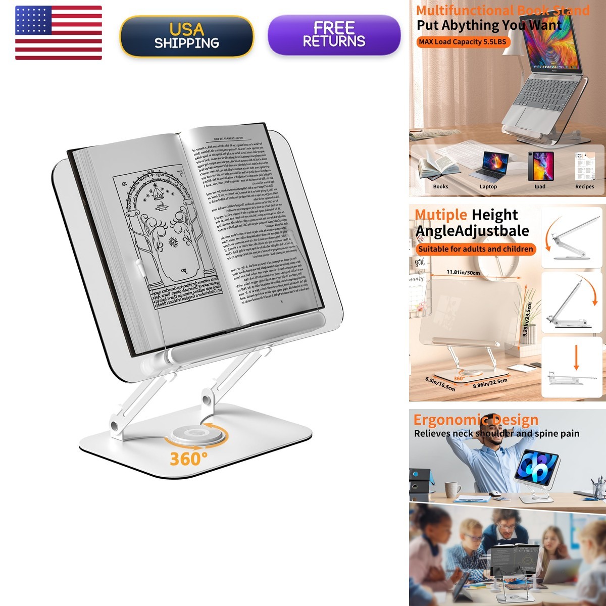 Alitamei Acrylic Book Stand 360° Rotating Base Adjustable Page Clips Foldable