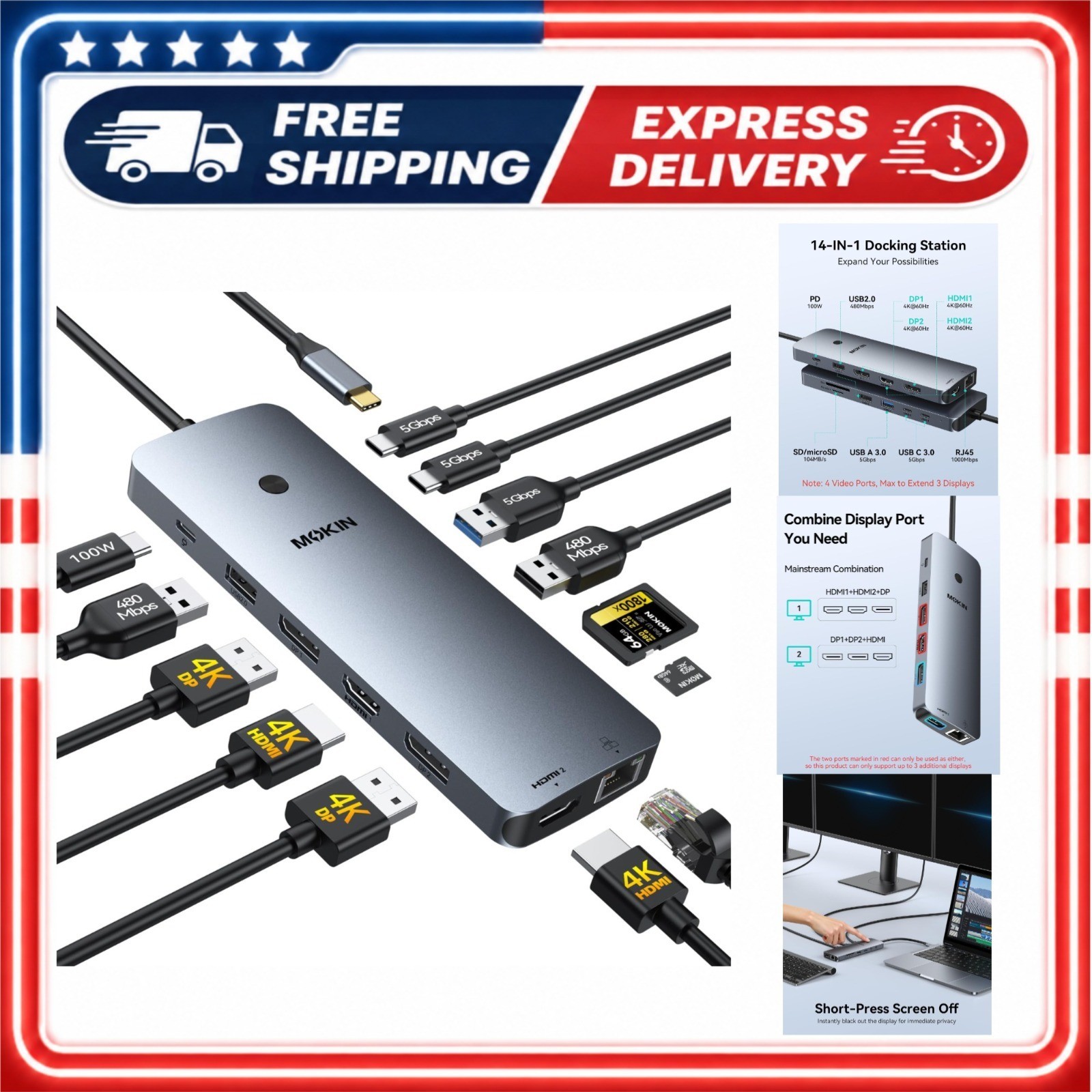 MOKiN 14-in-1 USB-C Dock Dual Monitor 4K HDMI DisplayPort Ethernet