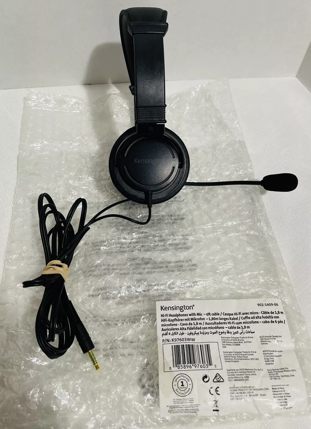 New Kensington K97603WW Hi-Fi Headphones with Mic Noise Cancel 6ft Cable 3.5mm J
