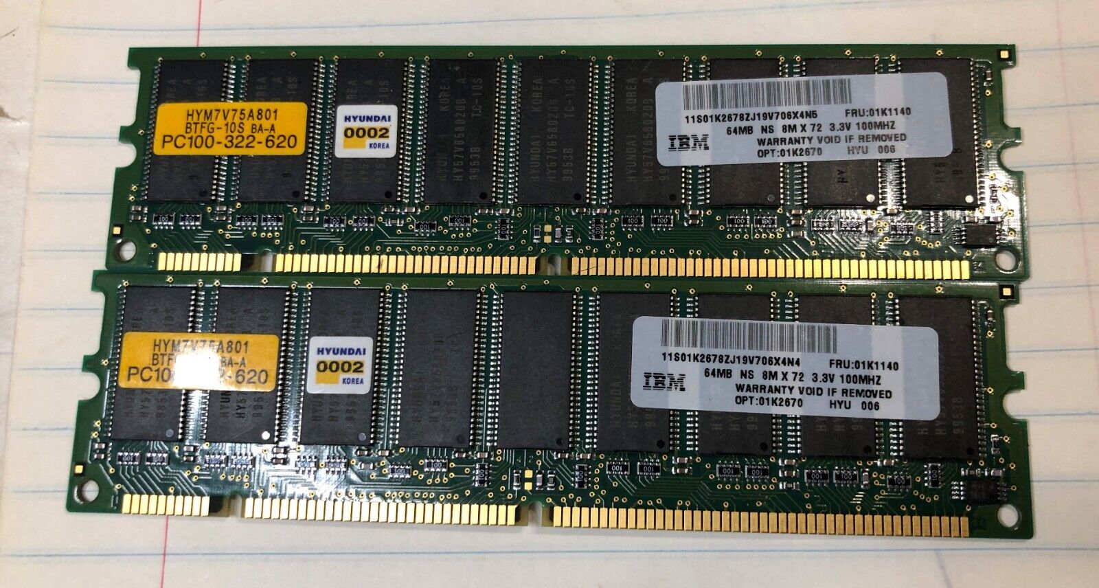 2 IBM 01K1140 01K2670 64MB 3.3V 100MHZ ECC DIMM MEMORY MODULE 168 Pin 128 mb