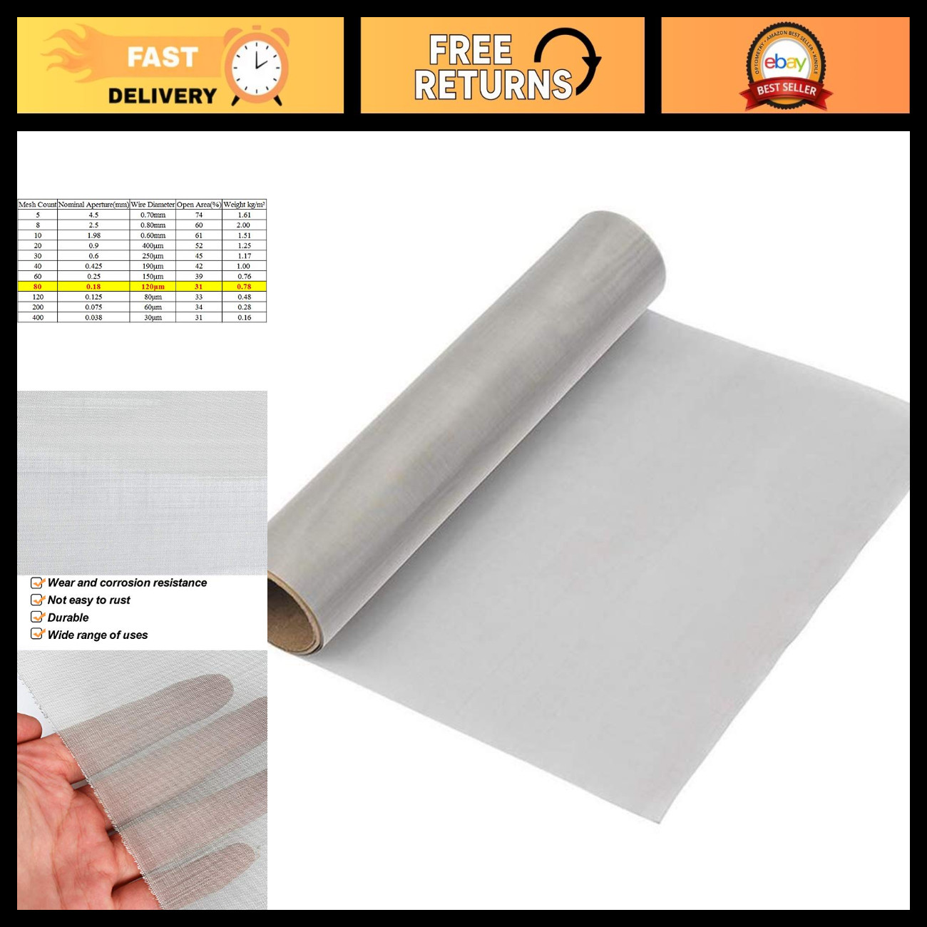 304 Stainless Steel Woven Wire Mesh 80 Mesh - 12"x40" Filter Screen Sheet Cloth