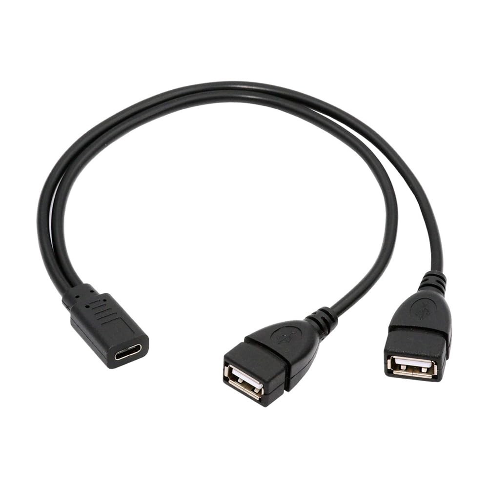 NFHK Type-C USB-C Female DC 5V to Dual USB 2.0 Standard Type-A Small, Black