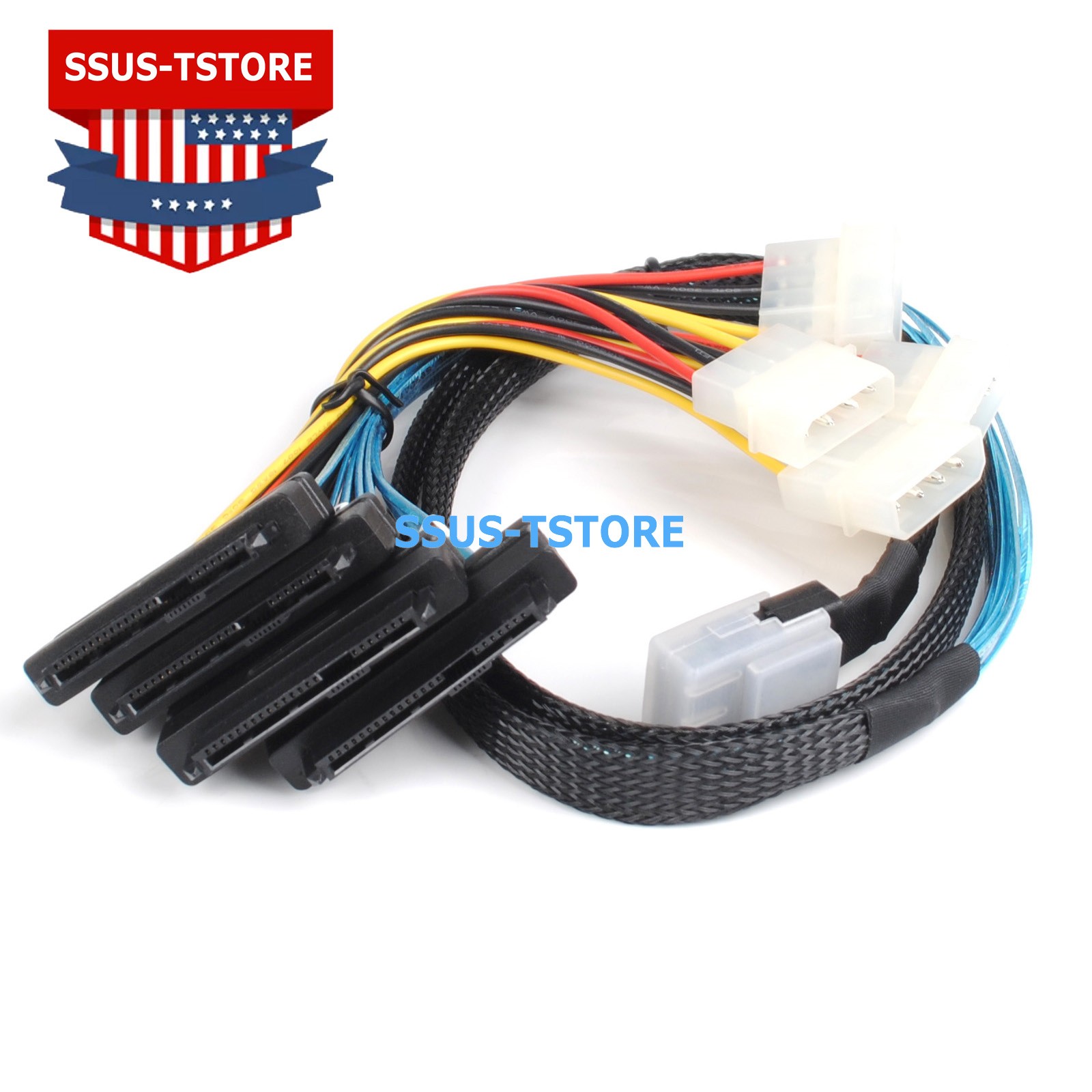 SFF-8087 to 4x SFF-8482 Mini SAS Breakout Cable 1M w Molex Power RAID HBA Card