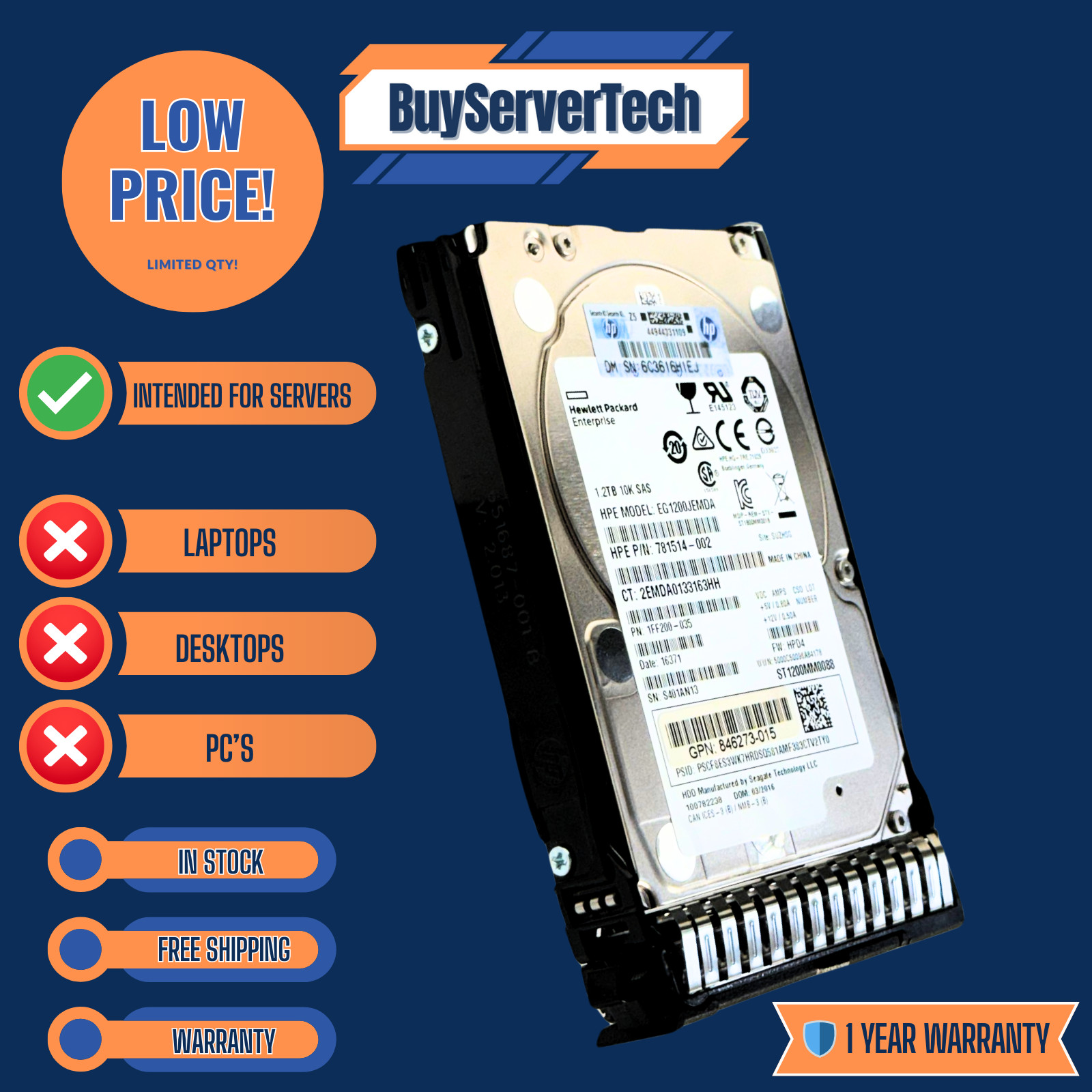 HP 872479-B21 781578-001 781518-B21 1.2TB 10K SAS 12Gb/s 2.5" HDD | 0 Hours - 1Y