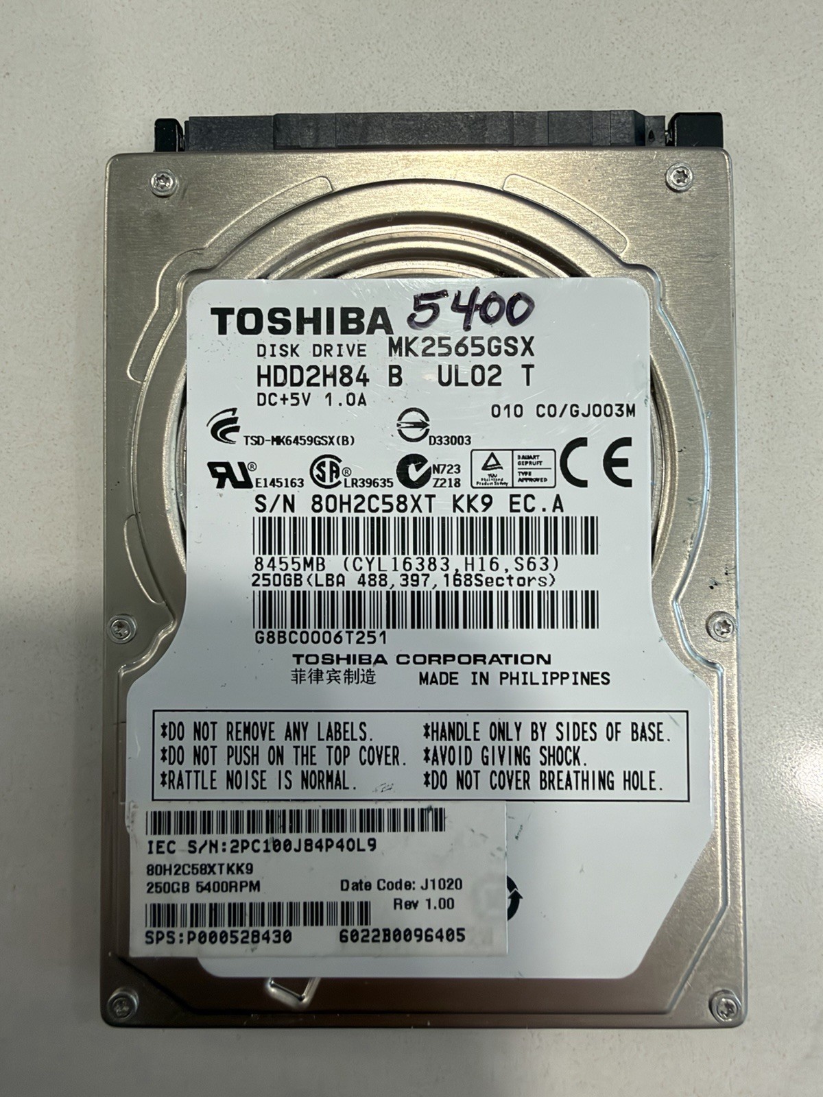 Toshiba 250GB SATA Hard Drive HDD MK2565GSX  HDD2H84