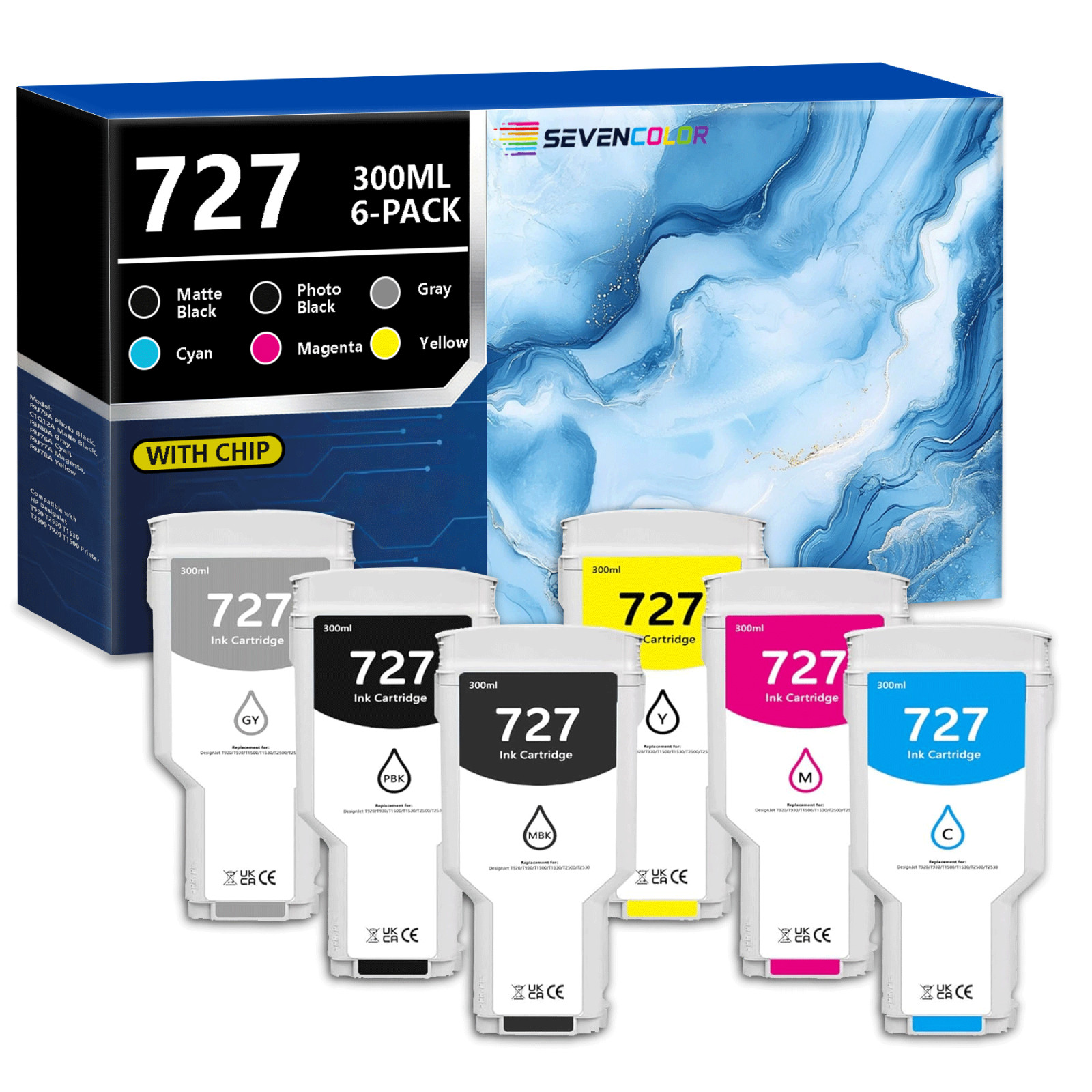 727 Ink Cartridges 300ML for DesignJet T2500 T930 Printer,  6-Pack