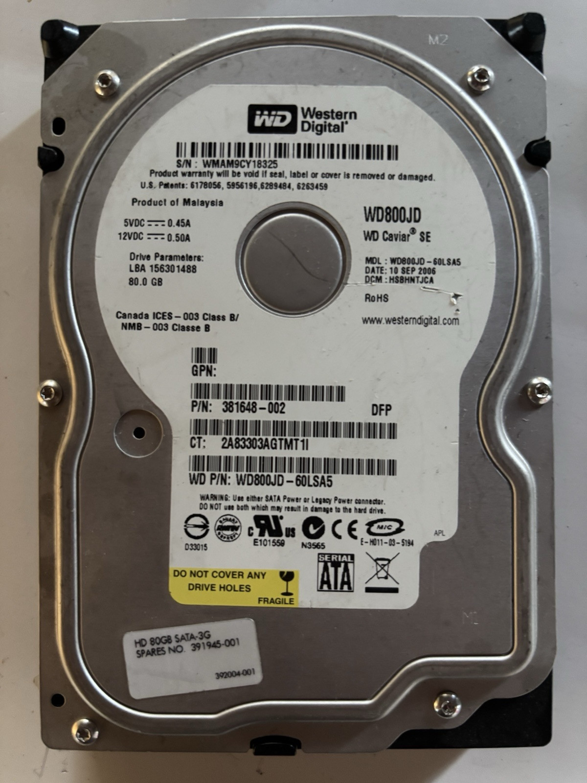 Western Digital WD800 WD800JD-75MSA3 Hard Drive 3.5" 80GB SATA 