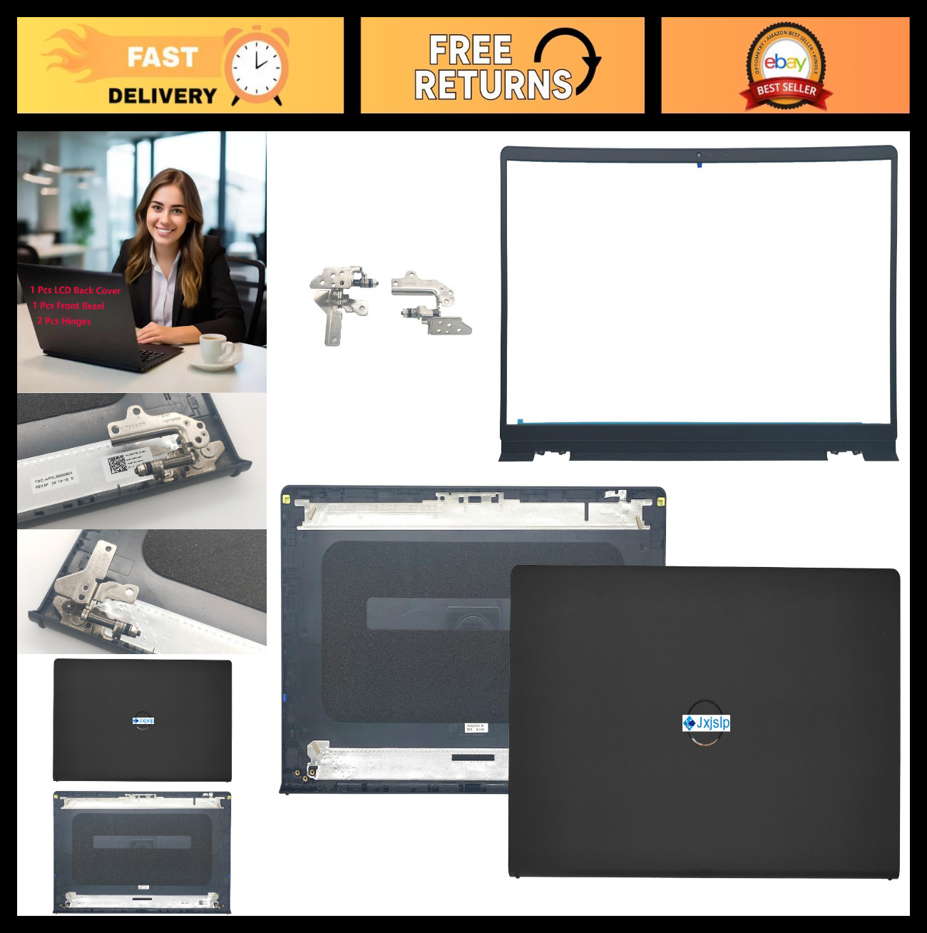 Replacement LCD Back Cover Top Case Lid Bezel Frame with Hinges for 15" Laptop