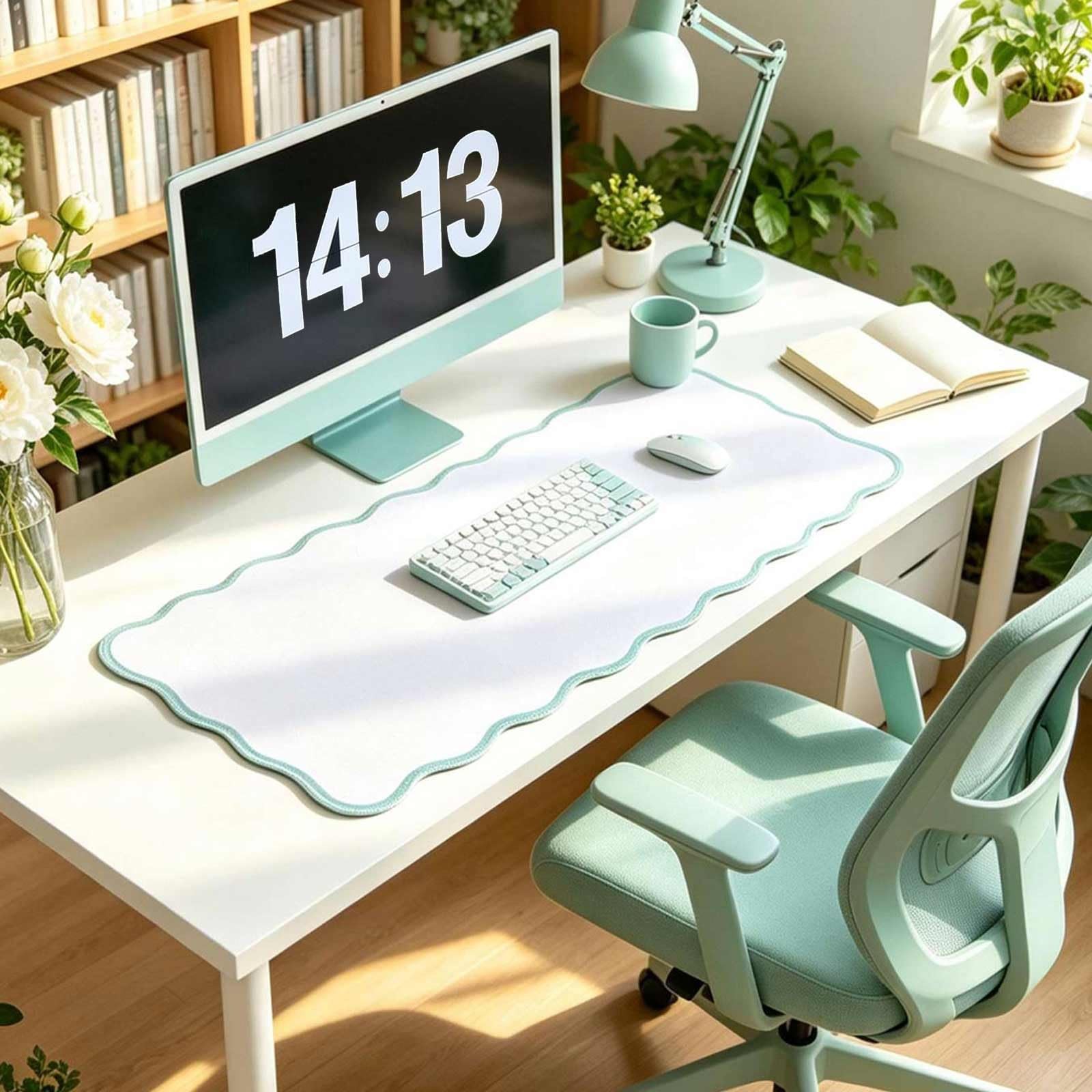 Teal Scalloped Desk Mat 31x15.7 Inch Waterproof NonSlip Gaming Office Decor