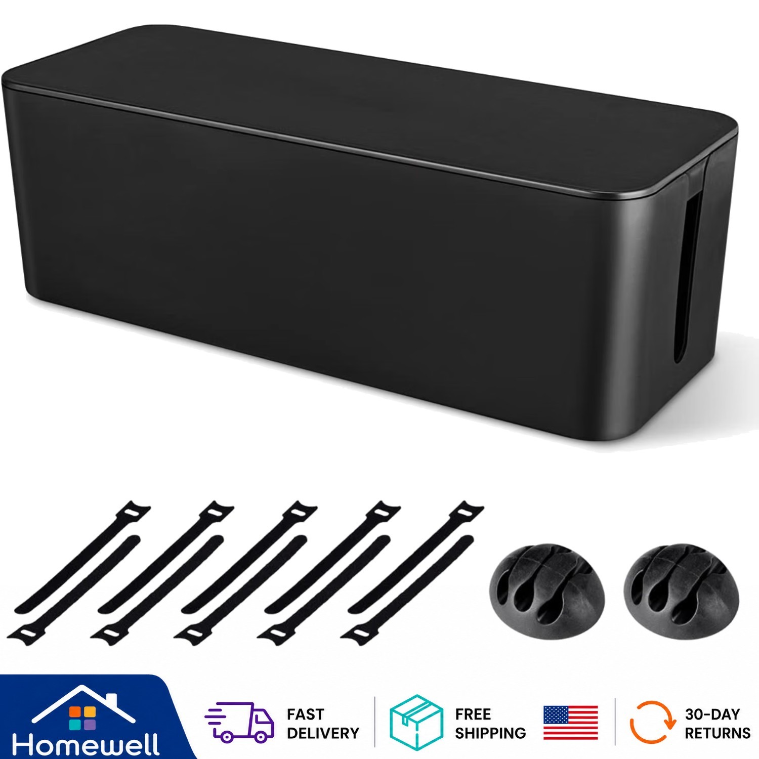 Stylish Cable Management System - Large Black Cord Organizer Box, 16"x6.1"