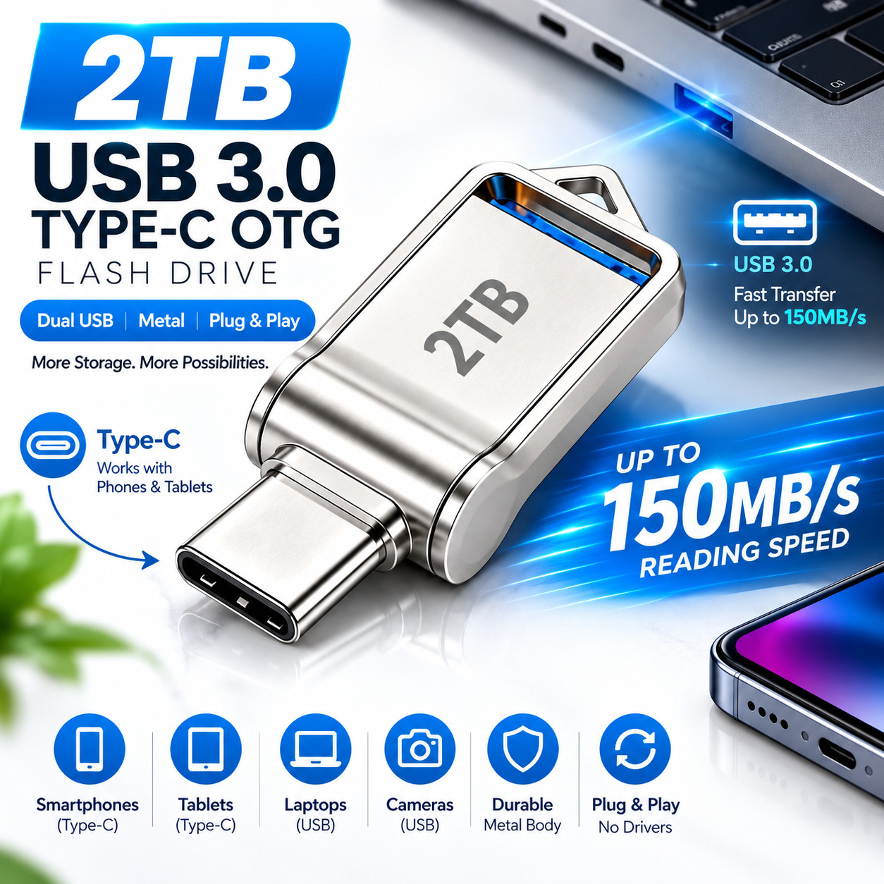 2TB USB 3.0 Type-C OTG Flash Drive Dual USB Metal Memory Stick for PC Phone