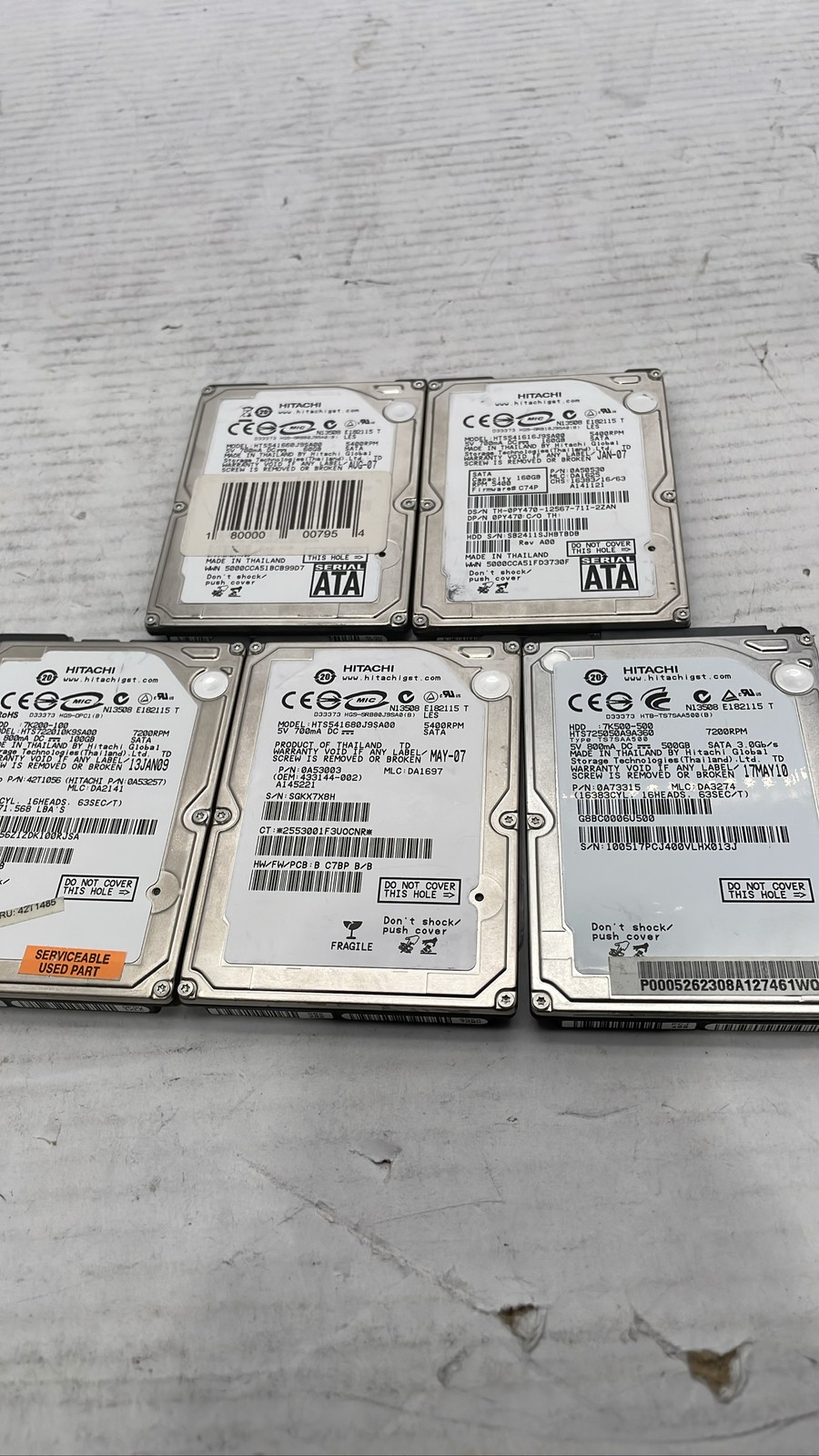 Hitachi 2.5" SATA Laptop HDD HTS725050A9A360 HTS541616J9SA00 Mixed Lot Of 5