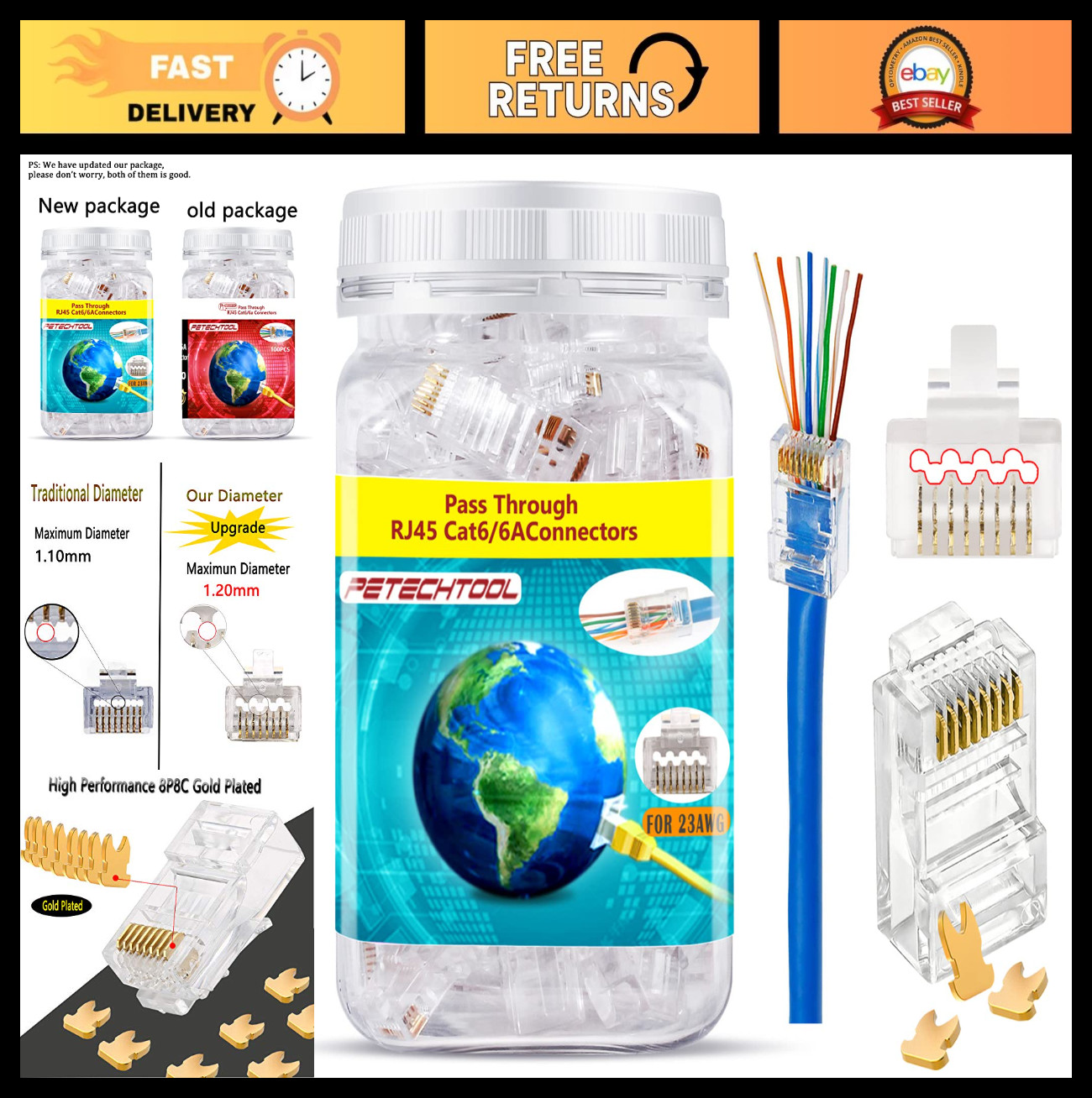 "100 Pack Cat6a Ethernet Connectors, Gold Plated 8P8C UTP Pass-Through Plugs"