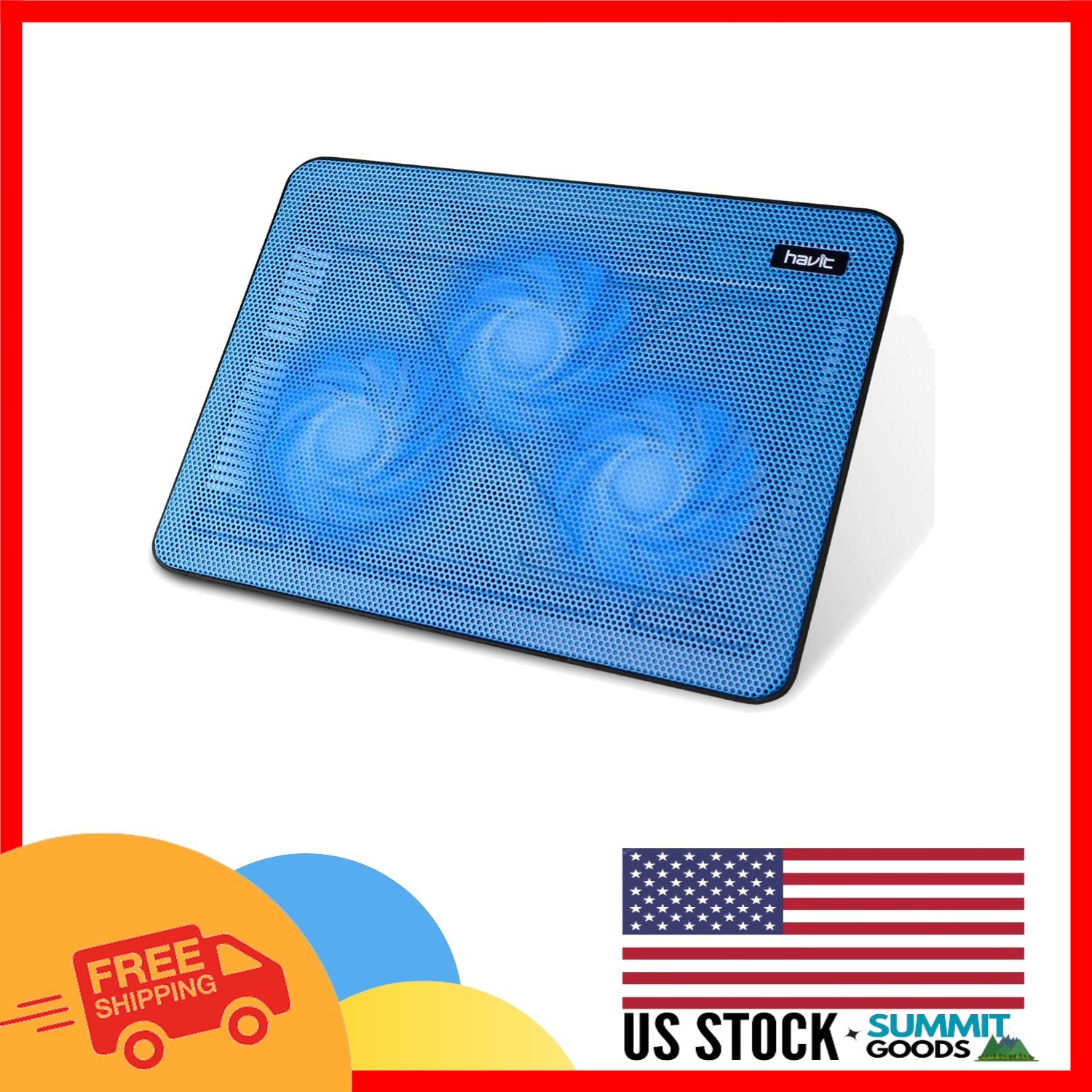 Ultra-Slim 15.6-17 Inch Portable Laptop Cooler Pad with 3 Quiet Fans - Blue