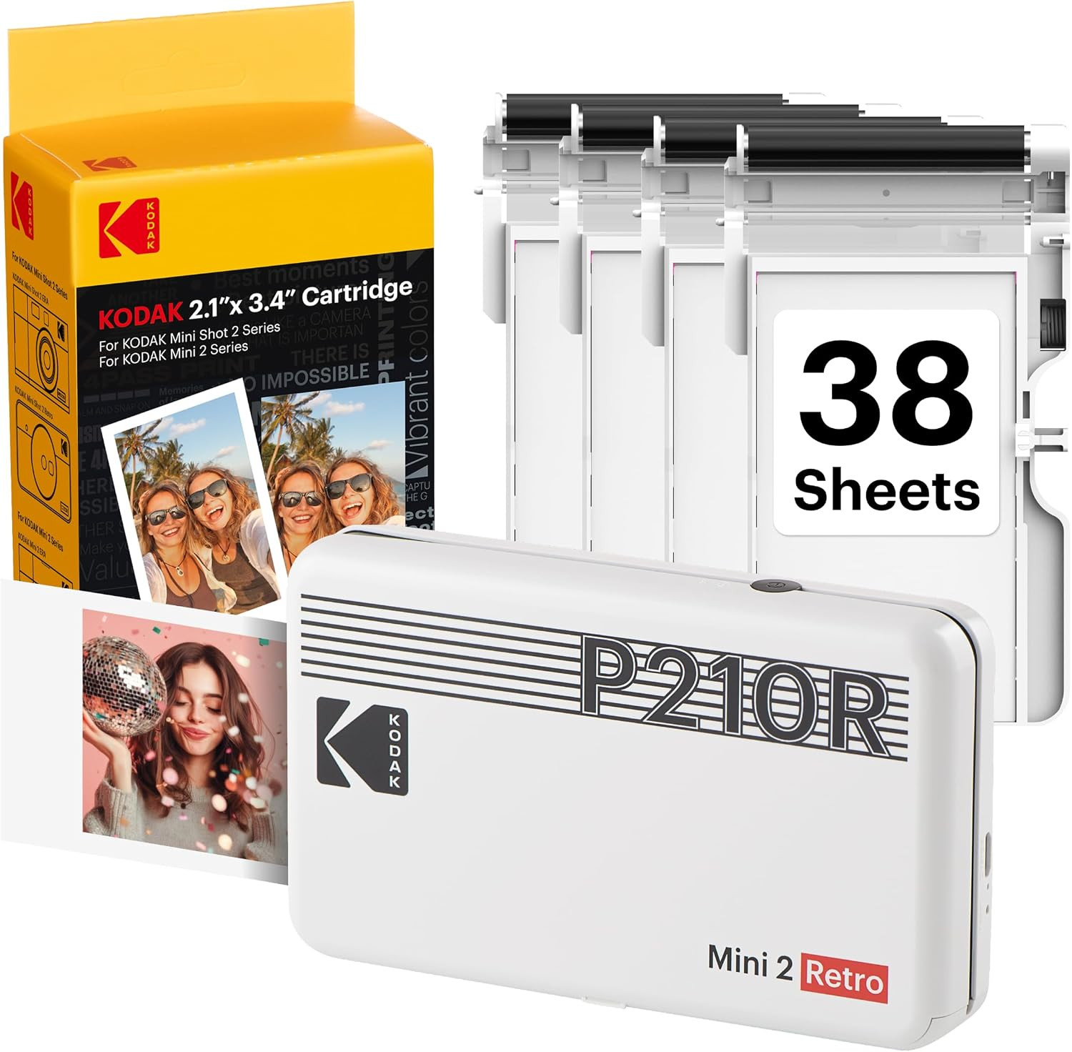 KODAK Mini 2 Retro Portable Photo Printer - 38 Sheets, 4PASS, White
