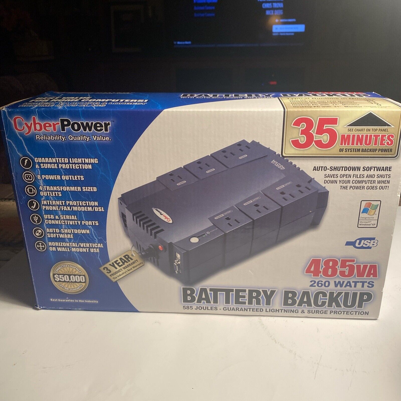 CyberPower 8-Outlet 485VA 260 watts.  PC Battery Backup Black.  NIB (see Photos)