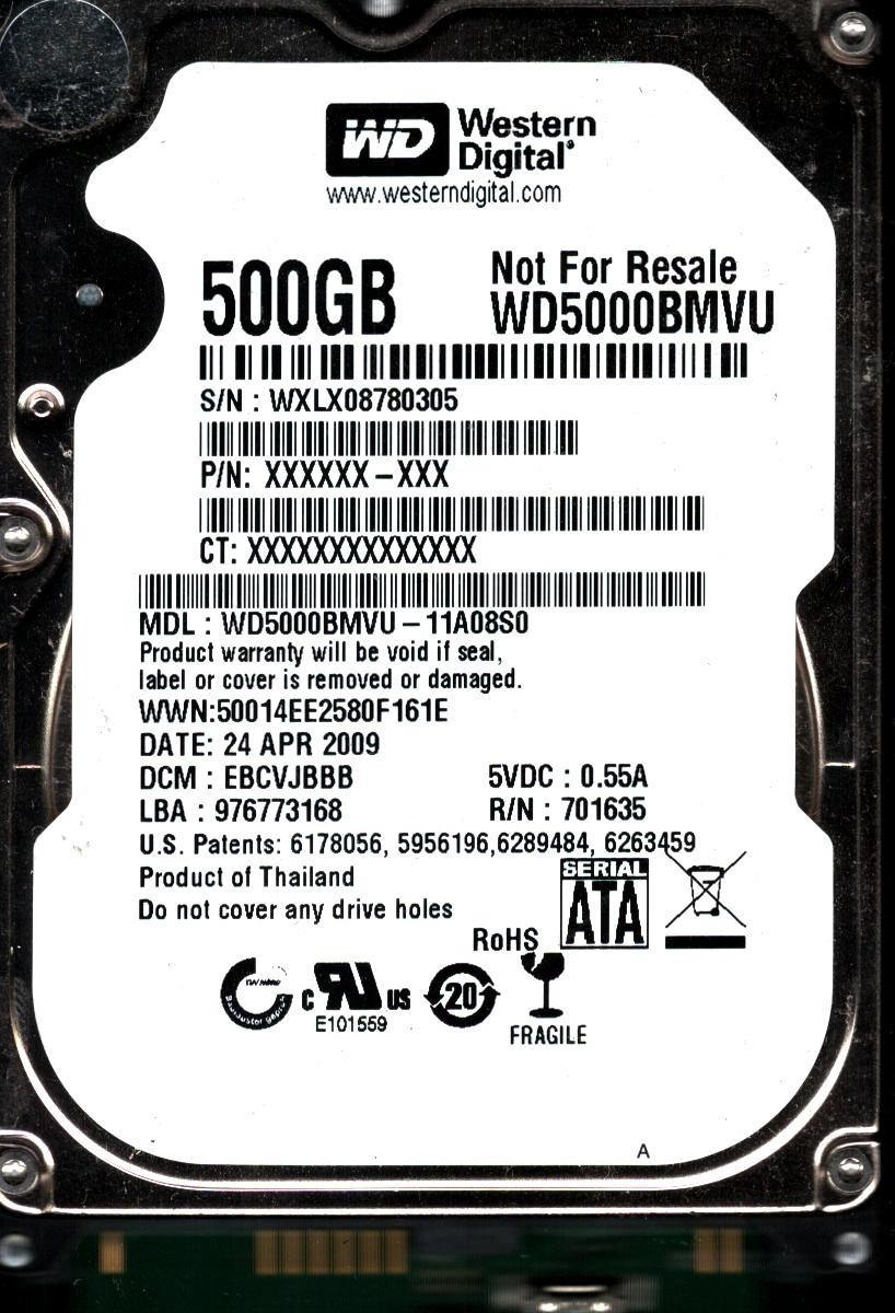 WD5000BMVU-11A08S0 S/N: WXLX0 DCM: EBCVJBBB WD 500GB THAILAND APR 2009
