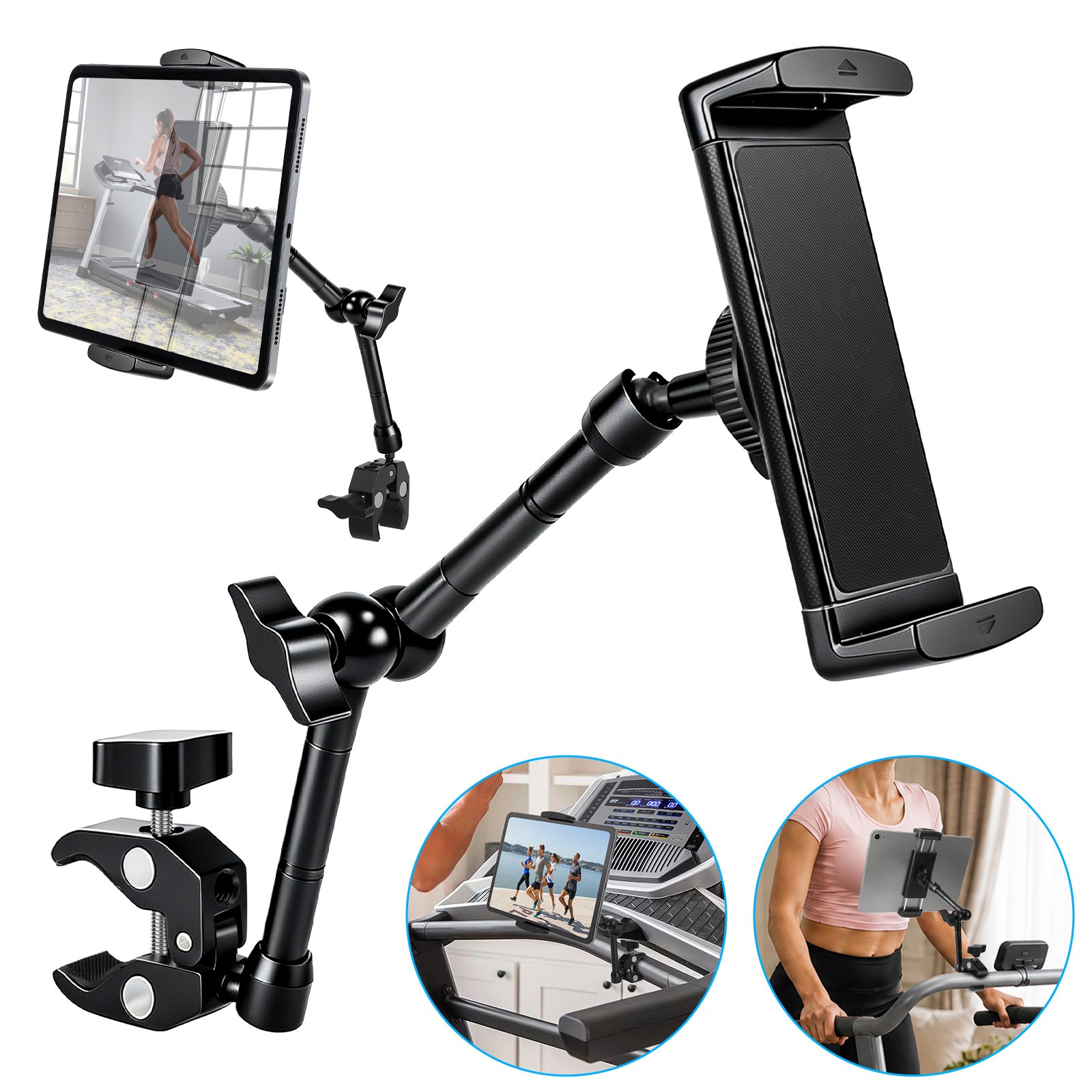 4.7"-13" Phone Tablet Holder Clamp Adjustable Arm Mount for Treadmill Wheelchair