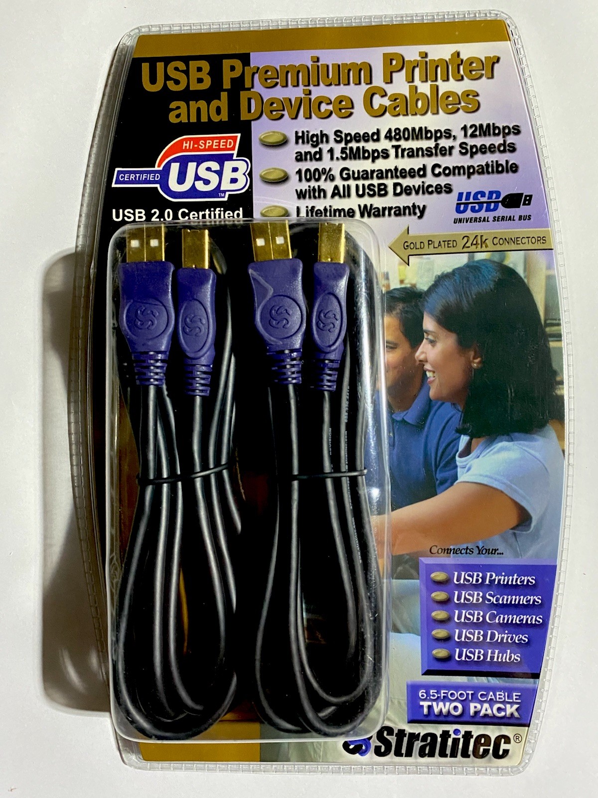 USB Premium Device High SPEED Cables 2 PACK Black Gold Plated 6.5 Foot STRATITEC