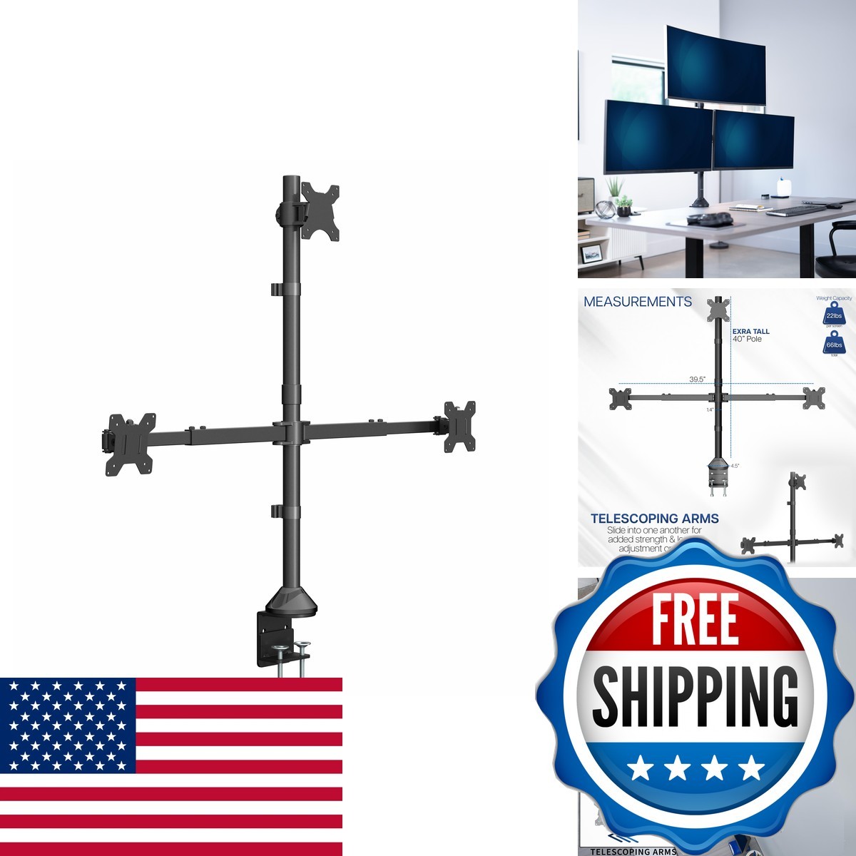 VIVO Black Triple Monitor Desk Mount for 27-38" Ultrawides STAND-TS3CT