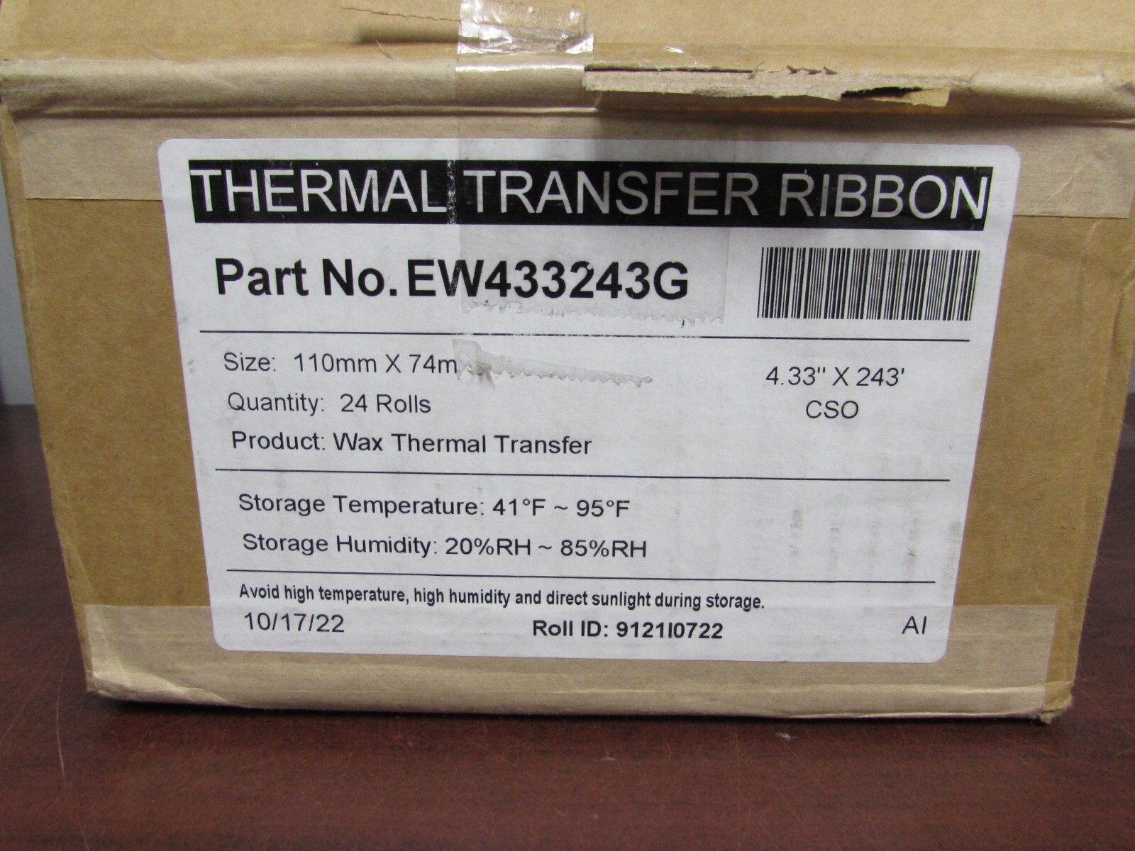 ZEBRA WAX THERMAL TRANSER RIBBON EW433243G 110MMX 74M CASE OF 36 (28C)