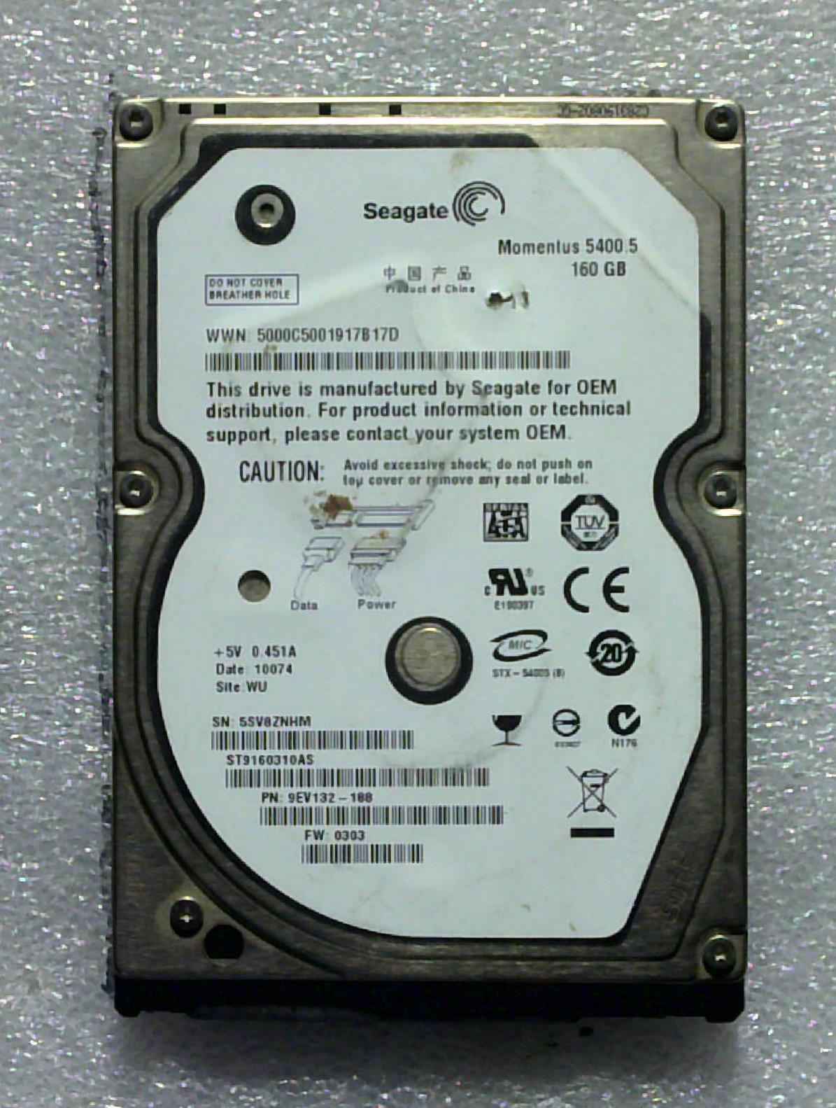 Seagate F3 - ST9160310AS - 160GB - 9EV132-188 - 5A 35 - SN: 5SV8ZNHM