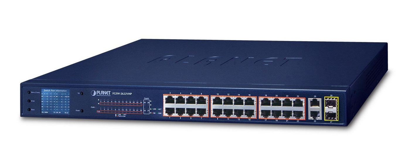 Planet FGSW-2622VHP 24-Port 10/100TX 802.3at PoE + 2-Port 10/100/1000T 1000X ~E~
