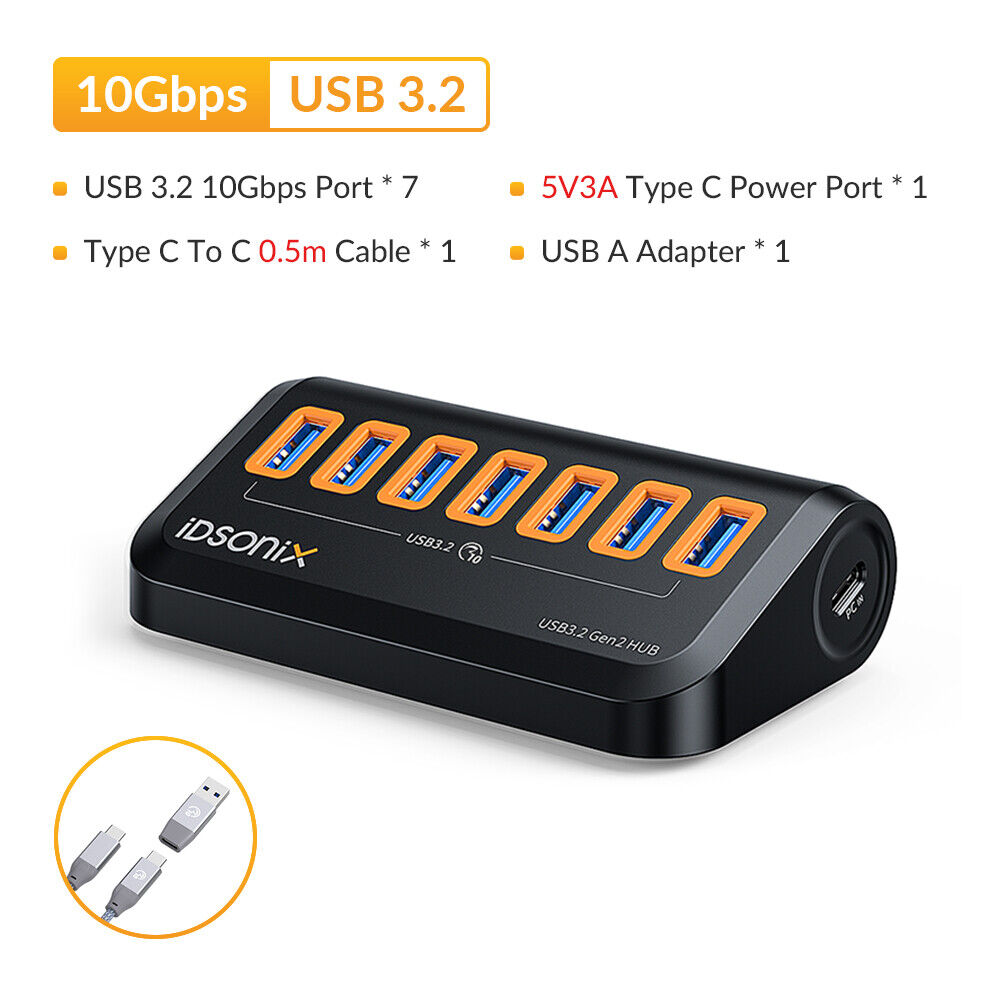 iDsonix 7 Ports USB Type C HUB USB 3.2 Gen 2 Powered Splitter Adapter 10Gbps