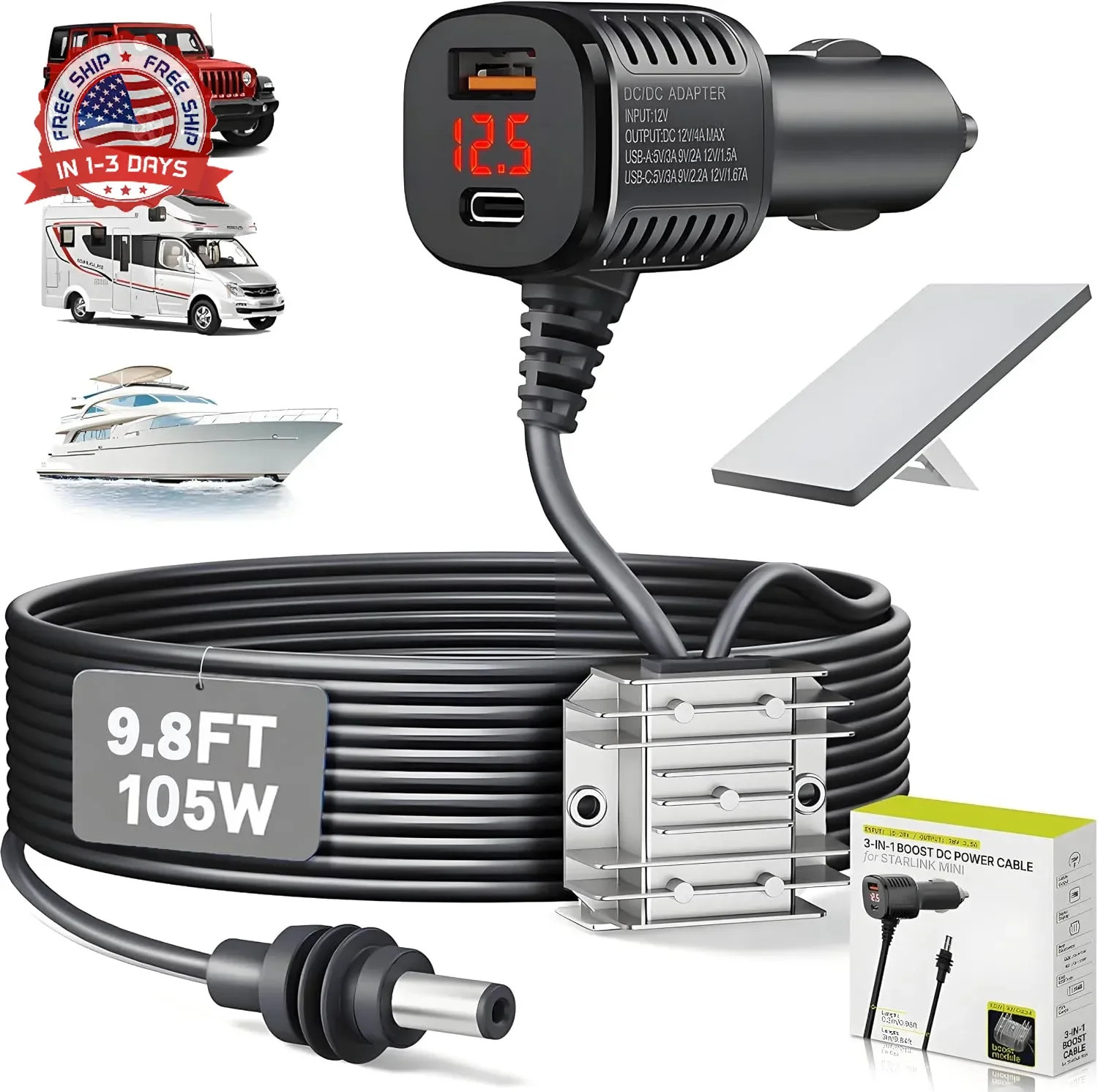 Starlink Mini Car Adapter,105W Starlink Mini Cable Car Charger 12V-24V | 3-1 Sta