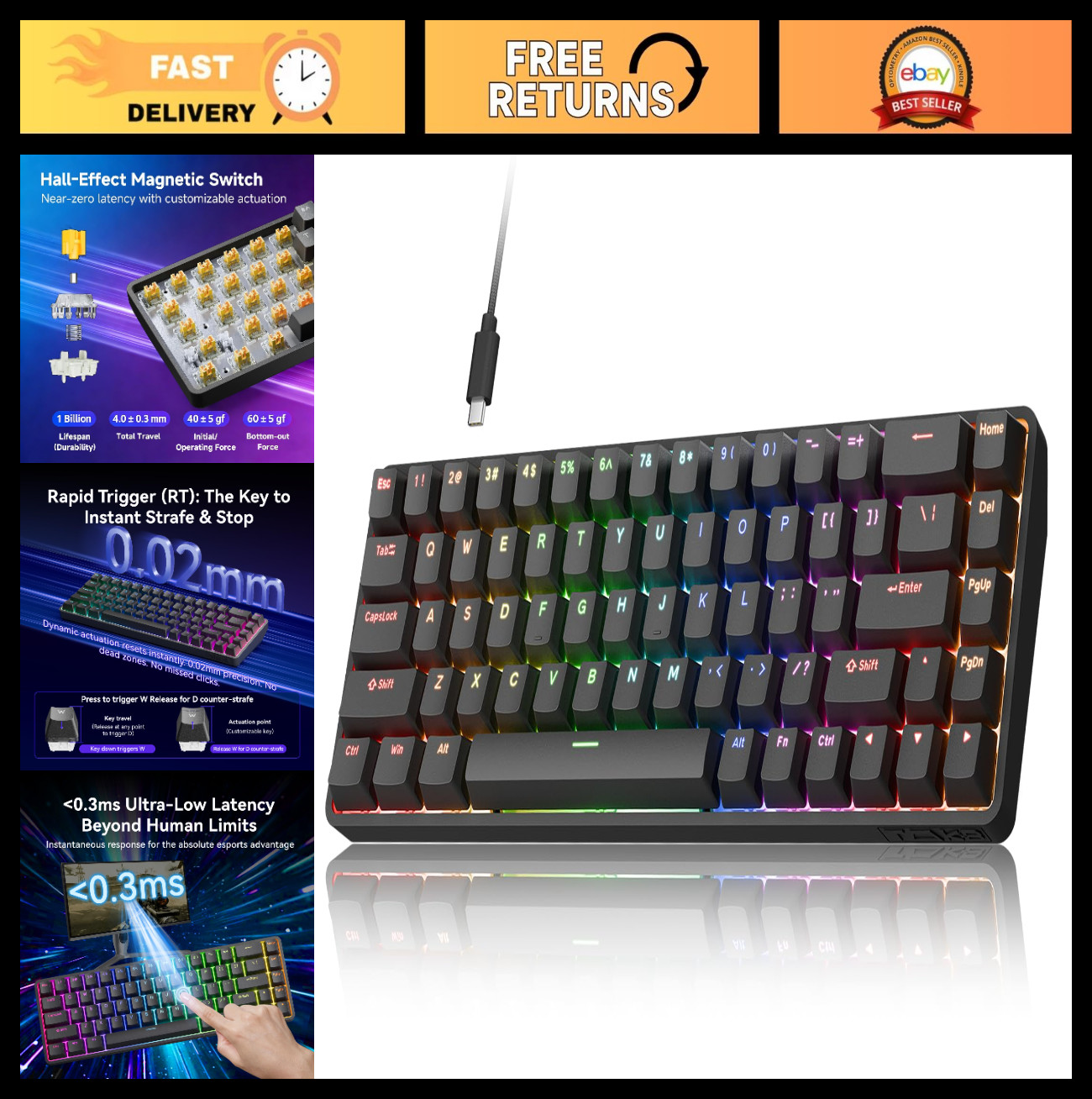 60% Gaming Mechanical Keyboard, Hot Swappable Magnetic Switch, RGB Backlit, 8000