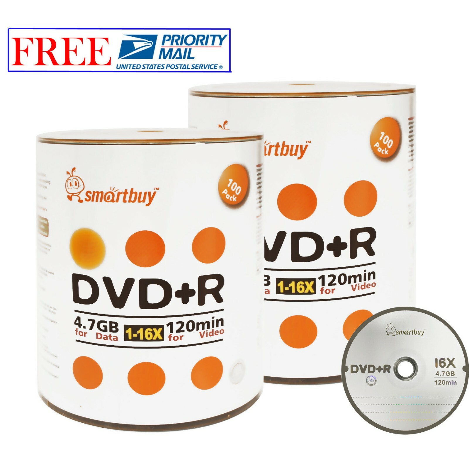 200 Pack Smartbuy 16X DVD+R 4.7GB Branded Logo Top Data Video Blank Record Disc