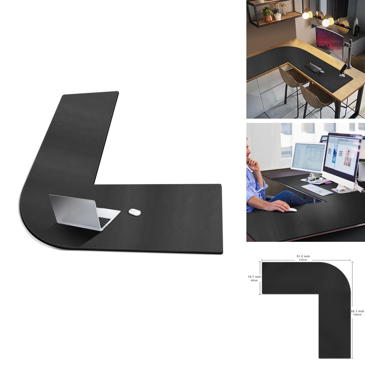 Cacoy 51" x 55" L-Shaped Desk Mat PU Leather Corner Pad Black