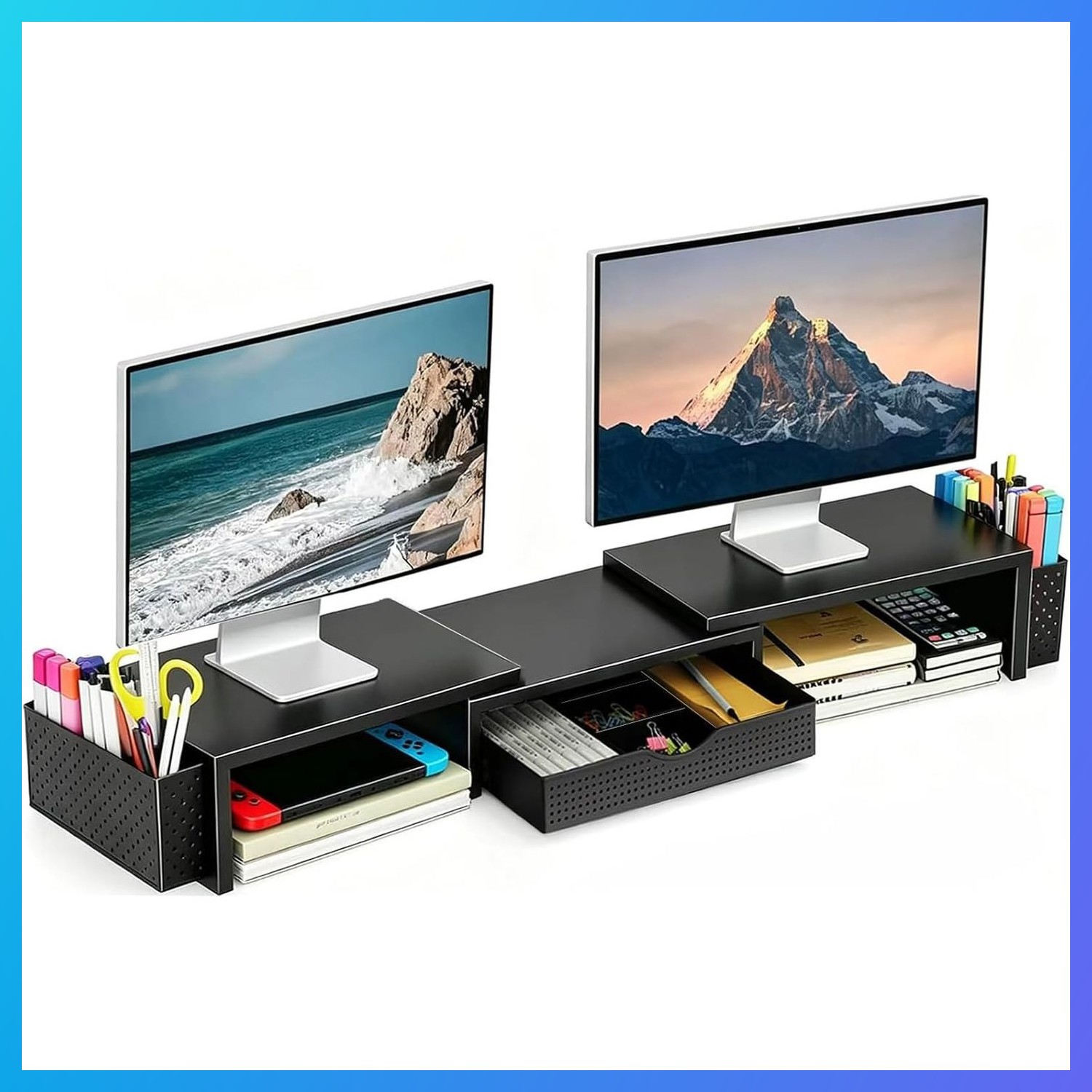 Dual Monitor Stand Riser with Drawer and 2 Pen Holders