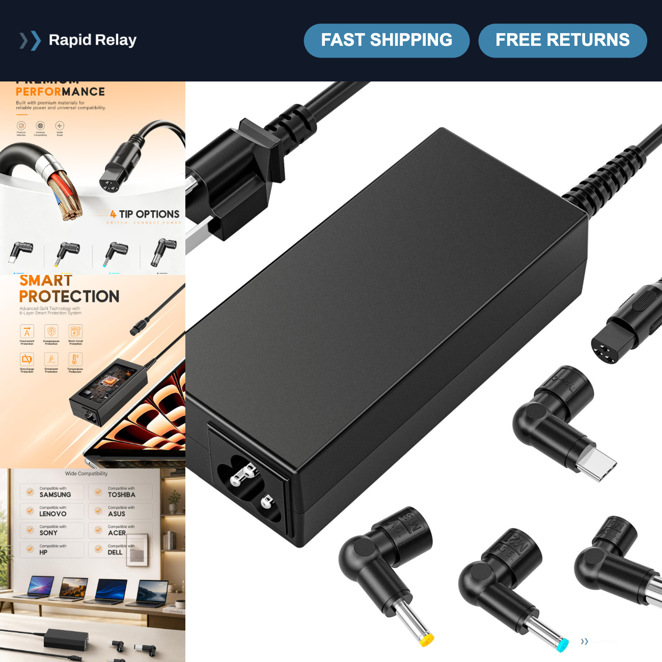 65W USB C Laptop Charger, 4-in-1 AC Adapter with 3 Tips, Universal Compatibility