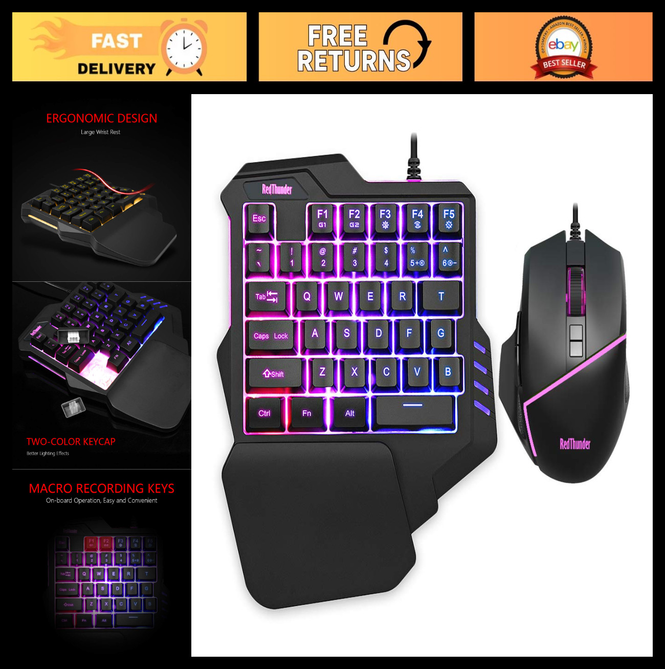 One-Handed RGB Gaming Keyboard & Mouse Combo, 35 Keys Mini Keypad, 6400 DPI